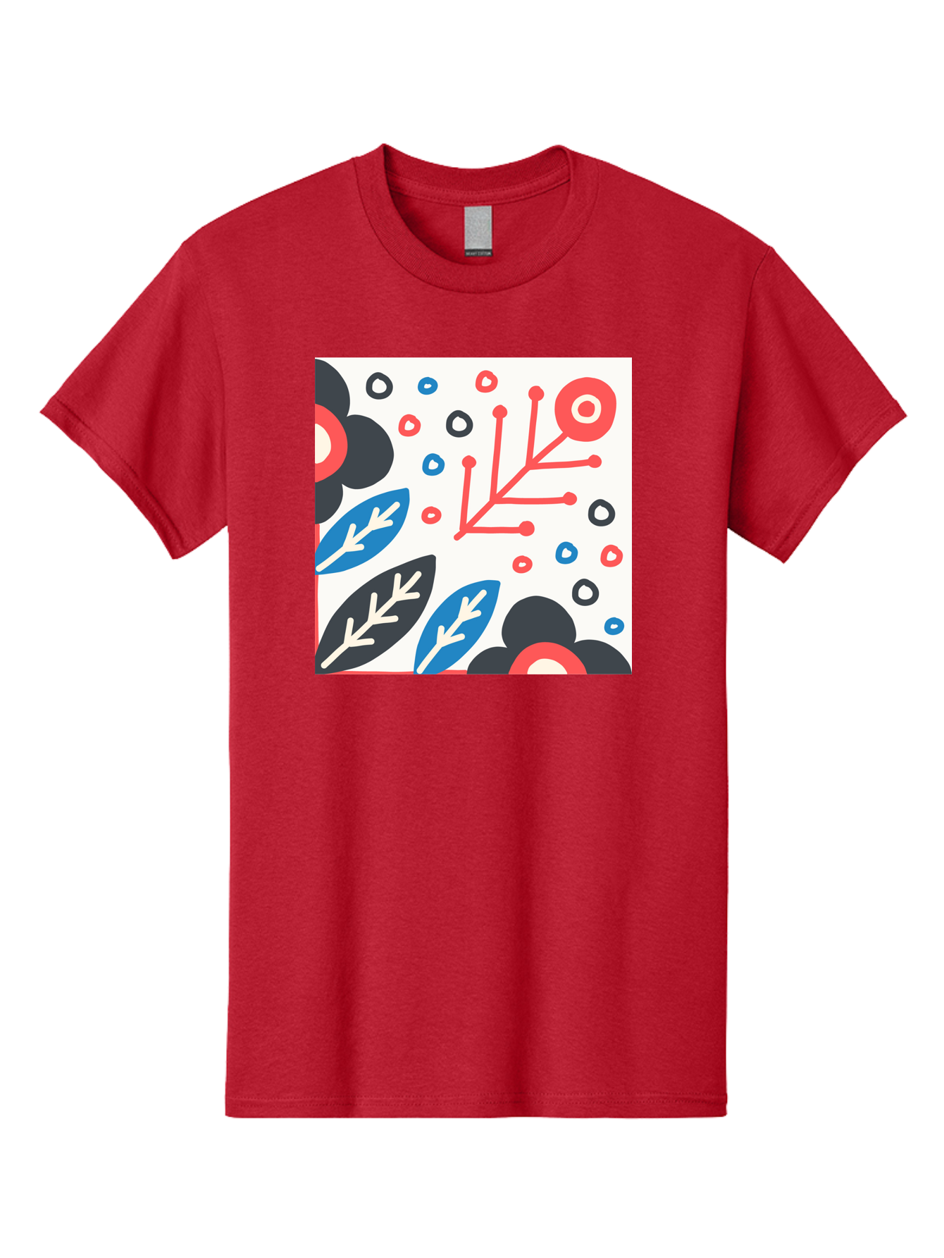 Abstract-Floral-Pattern Men'S Graphic Tee, 100% Cotton, Comfortable Casual Summer Wear, Machine Washable, Stylized Floral Pattern, Abstract Design, Red, Blue, Black, And White Hues, Leafy Elements, Circular Motifs, Modern Art, Graphic Design, Aab652