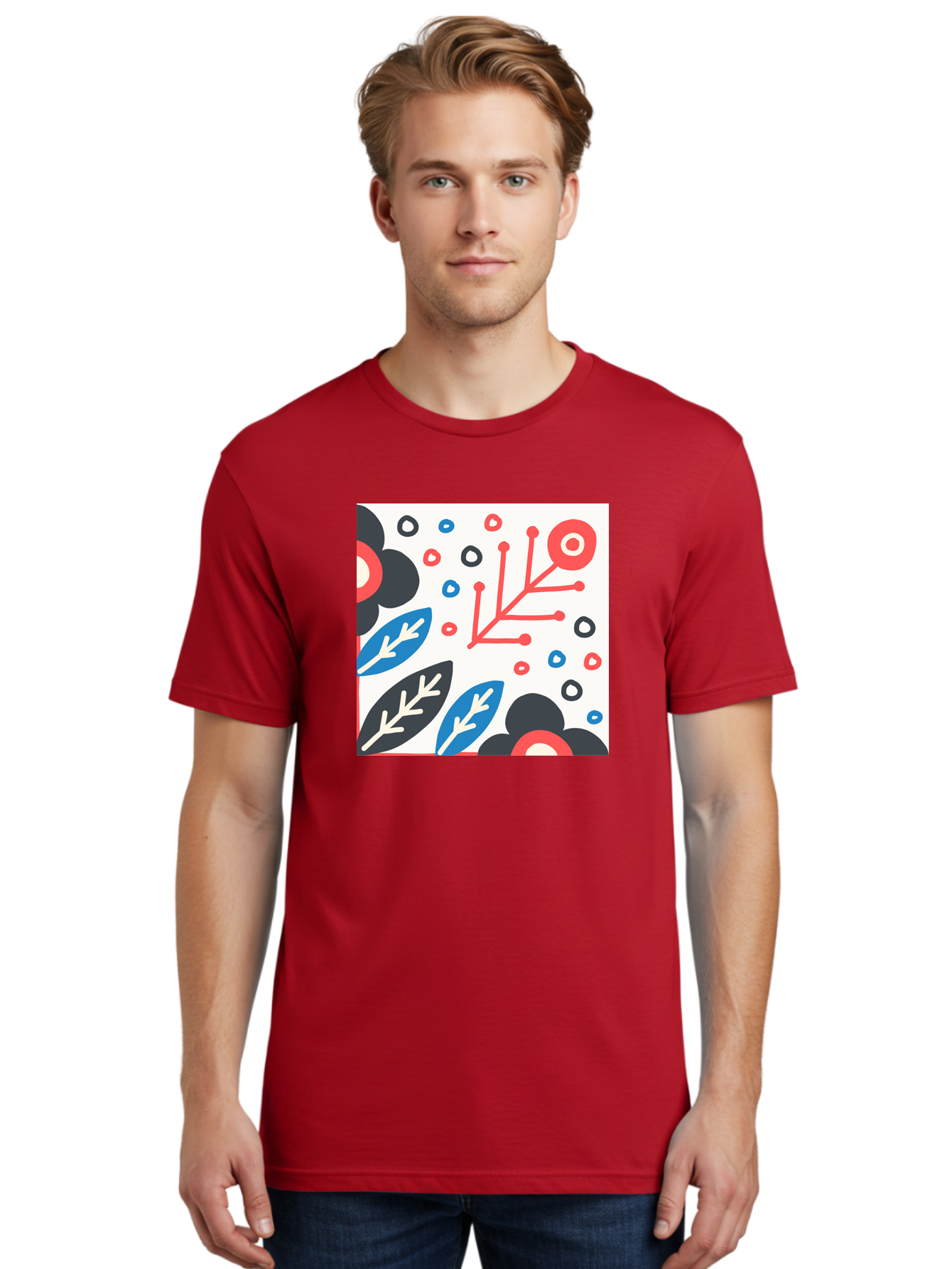 Abstract-Floral-Pattern Men'S Graphic Tee, 100% Cotton, Comfortable Casual Summer Wear, Machine Washable, Stylized Floral Pattern, Abstract Design, Red, Blue, Black, And White Hues, Leafy Elements, Circular Motifs, Modern Art, Graphic Design, Aab652