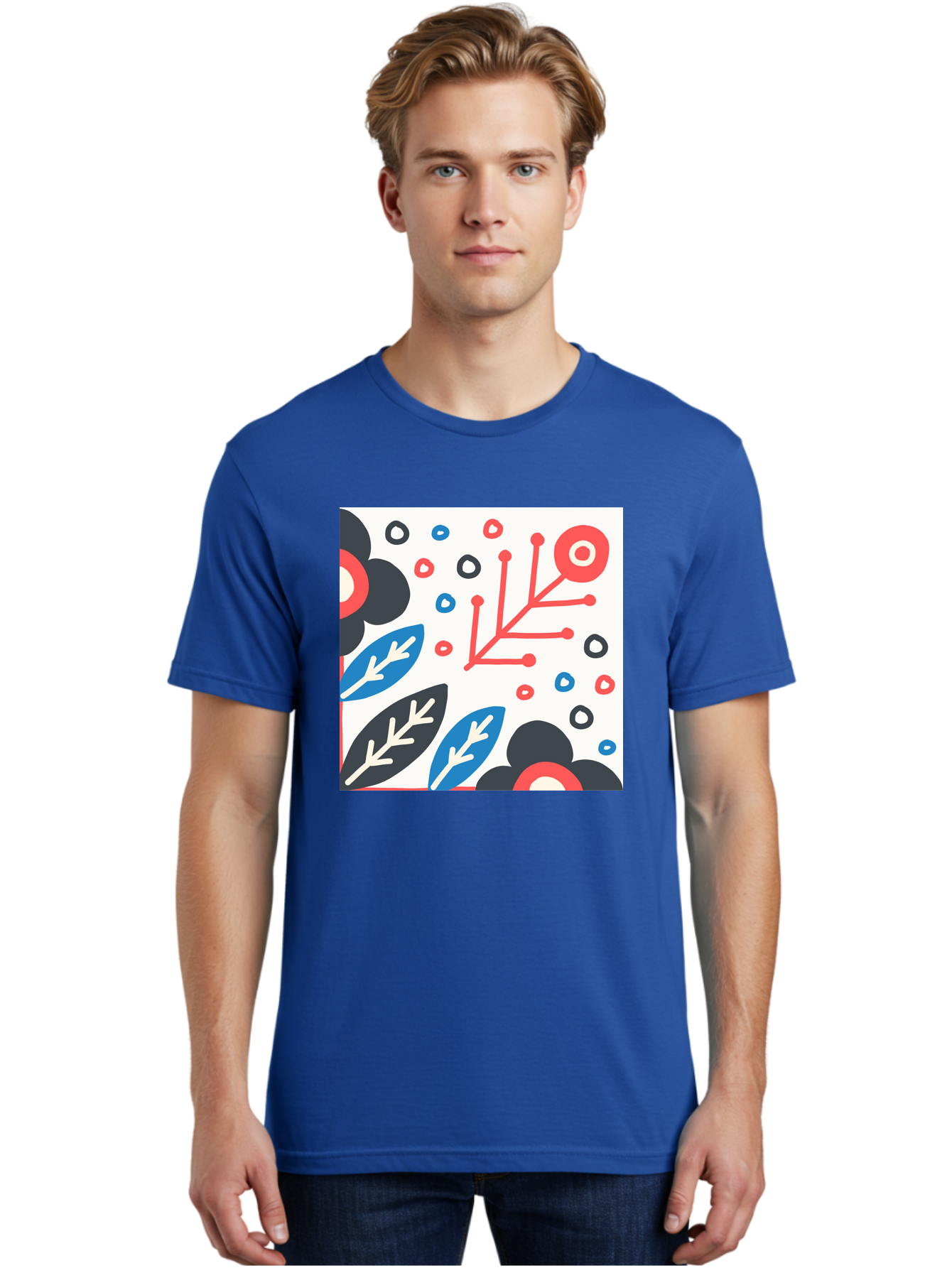 Abstract-Floral-Pattern Men'S Graphic Tee, 100% Cotton, Comfortable Casual Summer Wear, Machine Washable, Stylized Floral Pattern, Abstract Design, Red, Blue, Black, And White Hues, Leafy Elements, Circular Motifs, Modern Art, Graphic Design, Aab652