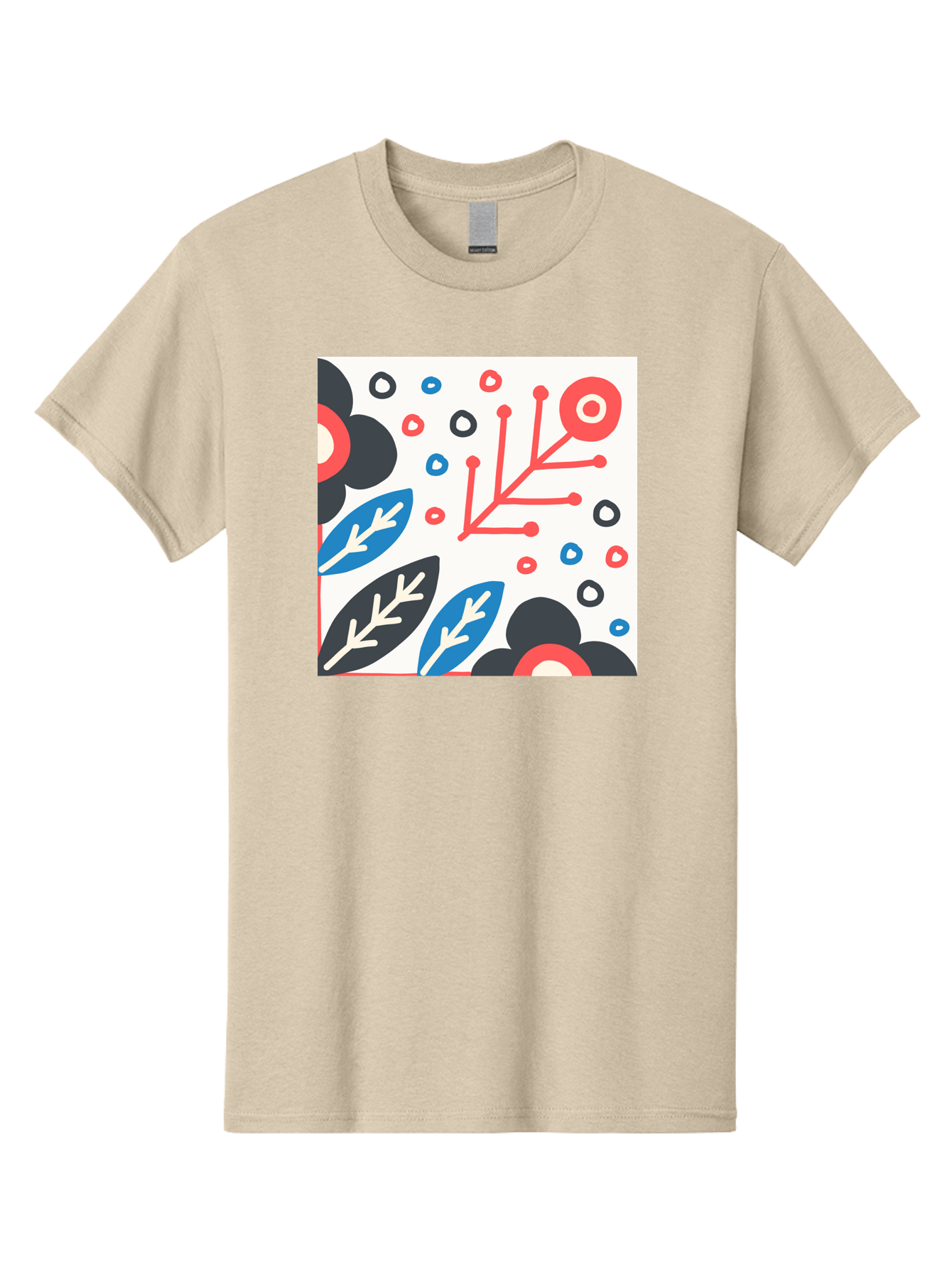 Abstract-Floral-Pattern Men'S Graphic Tee, 100% Cotton, Comfortable Casual Summer Wear, Machine Washable, Stylized Floral Pattern, Abstract Design, Red, Blue, Black, And White Hues, Leafy Elements, Circular Motifs, Modern Art, Graphic Design, Aab652