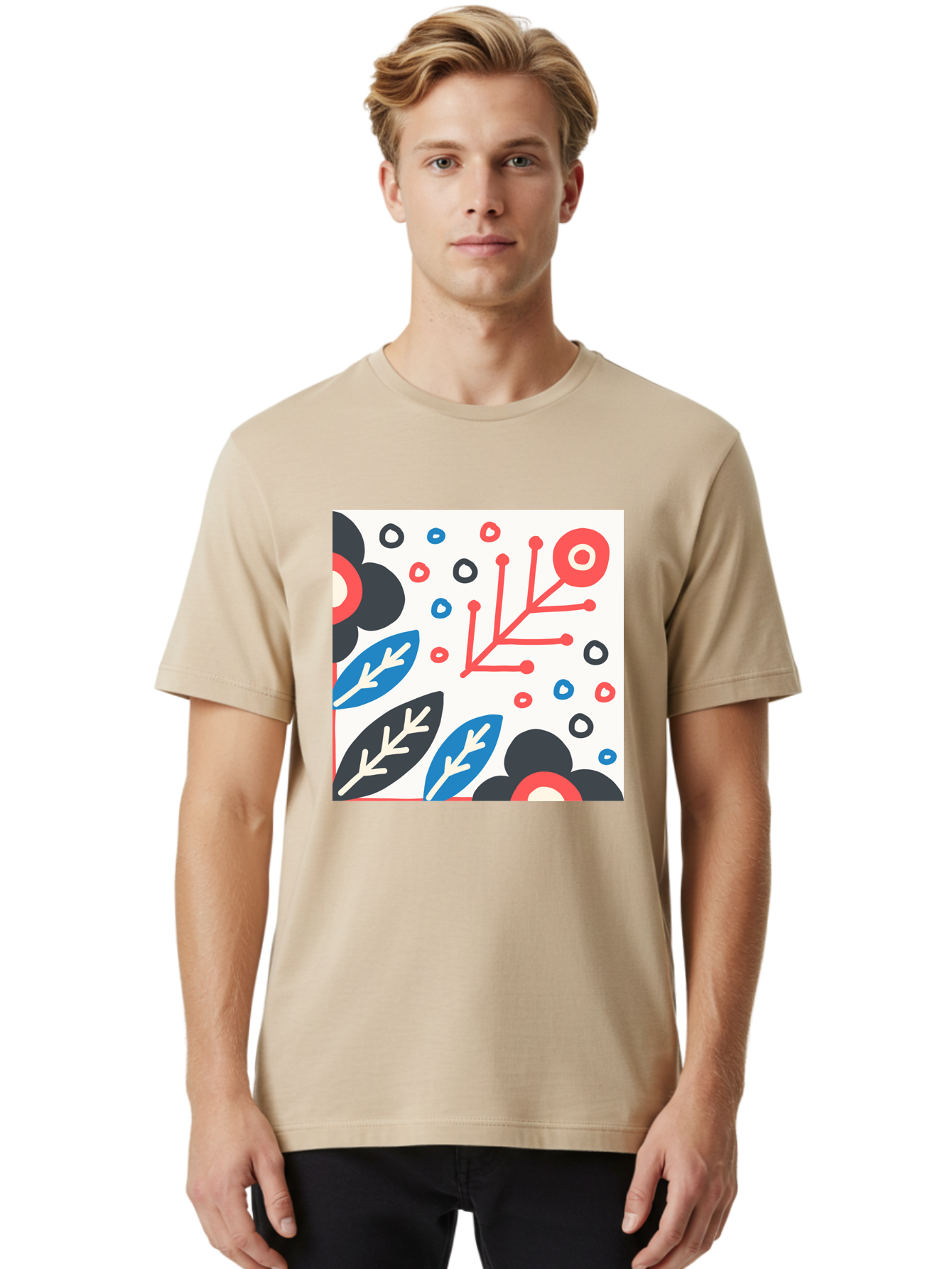 Abstract-Floral-Pattern Men'S Graphic Tee, 100% Cotton, Comfortable Casual Summer Wear, Machine Washable, Stylized Floral Pattern, Abstract Design, Red, Blue, Black, And White Hues, Leafy Elements, Circular Motifs, Modern Art, Graphic Design, Aab652