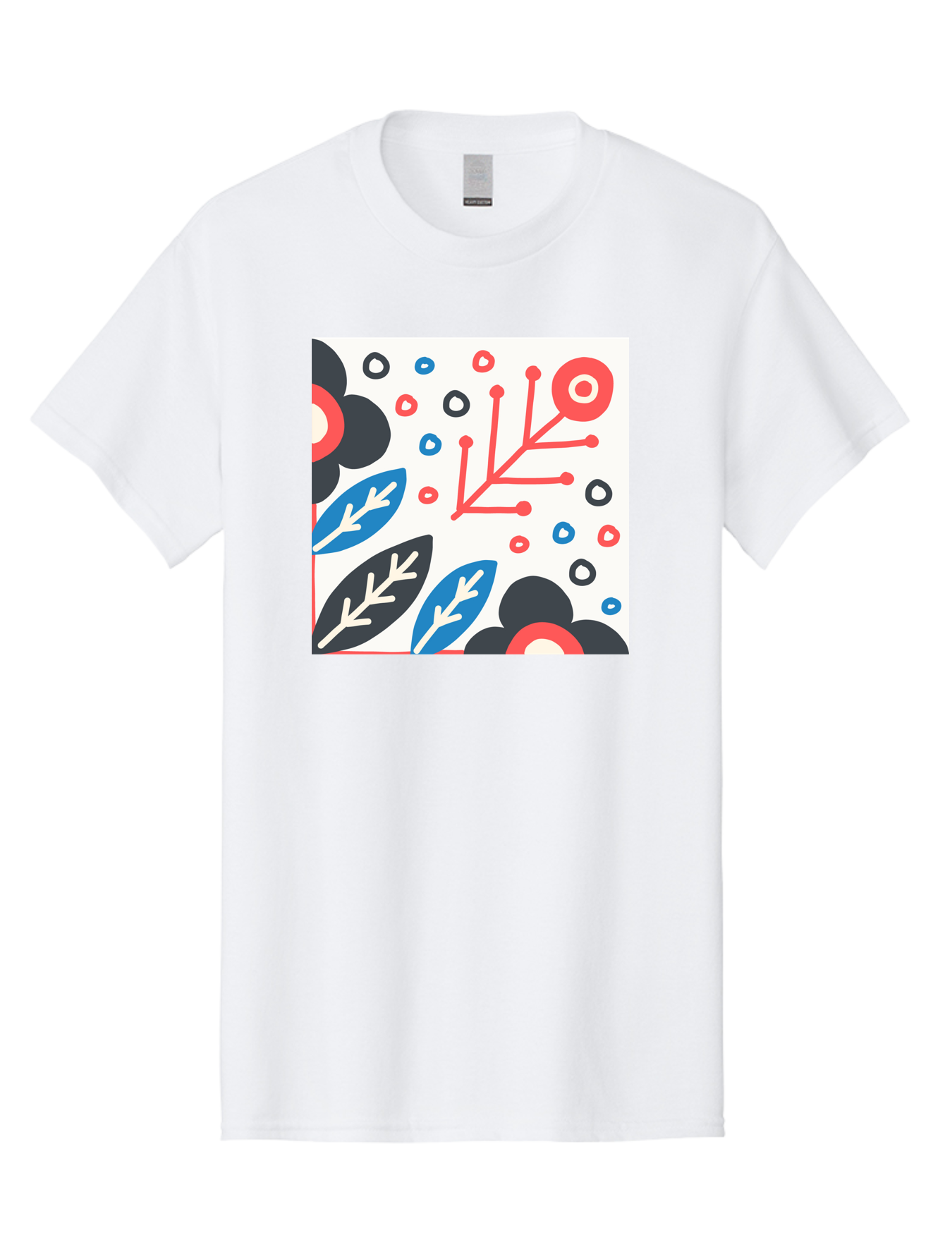Abstract-Floral-Pattern Men'S Graphic Tee, 100% Cotton, Comfortable Casual Summer Wear, Machine Washable, Stylized Floral Pattern, Abstract Design, Red, Blue, Black, And White Hues, Leafy Elements, Circular Motifs, Modern Art, Graphic Design, Aab652