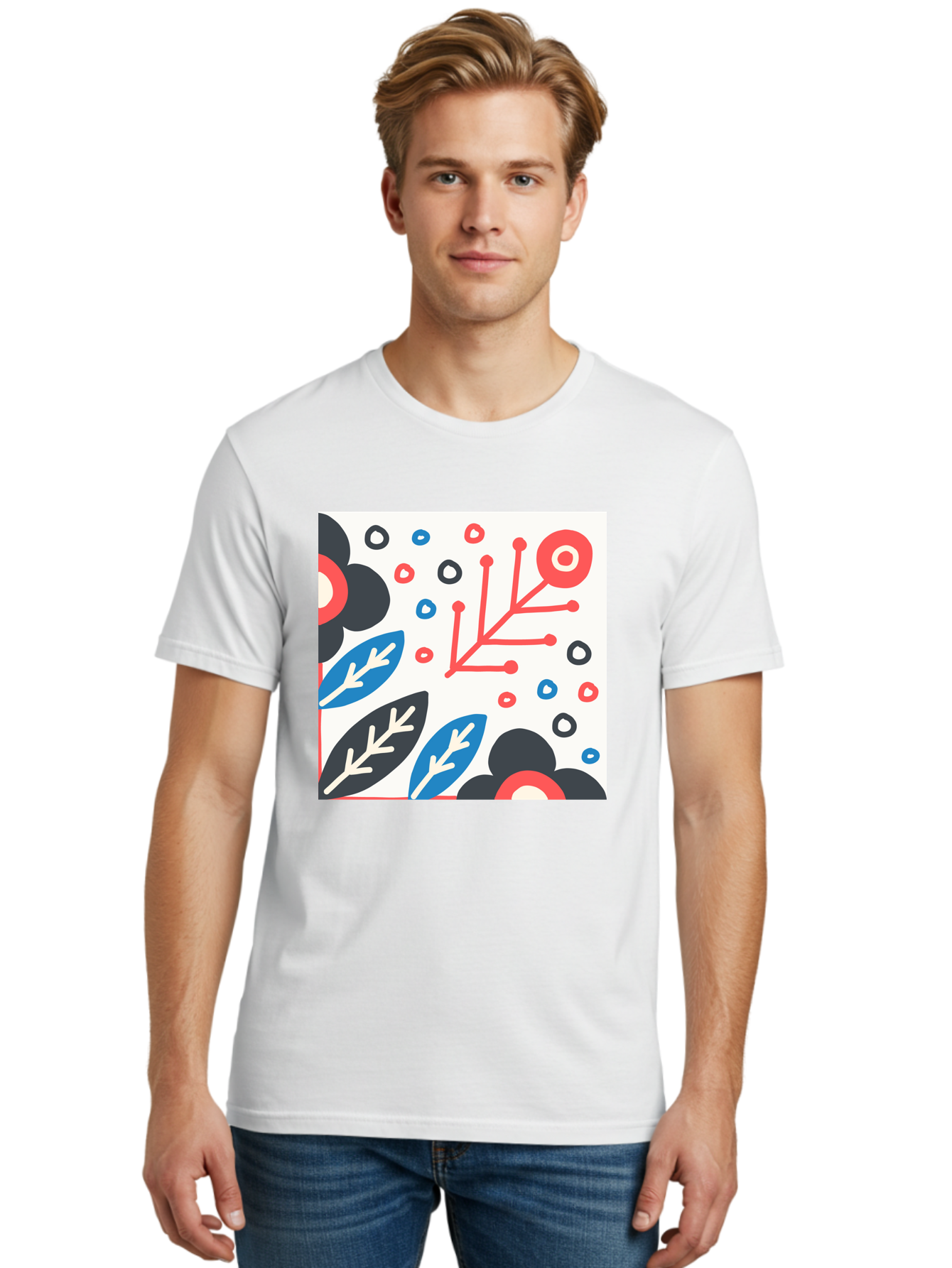 Abstract-Floral-Pattern Men'S Graphic Tee, 100% Cotton, Comfortable Casual Summer Wear, Machine Washable, Stylized Floral Pattern, Abstract Design, Red, Blue, Black, And White Hues, Leafy Elements, Circular Motifs, Modern Art, Graphic Design, Aab652