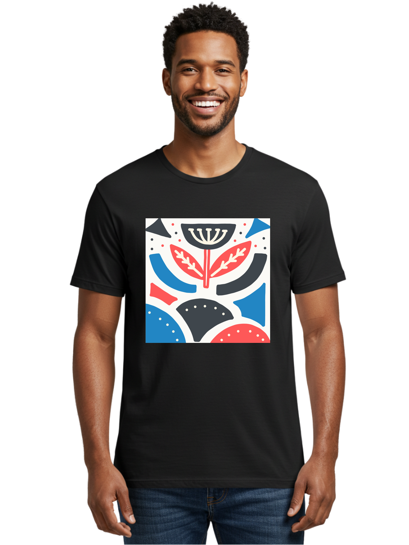 Abstract-Flower-1 Men'S Graphic Tee, 100% Cotton, Comfortable Casual Summer Wear, Machine Washable, Stylized Flower, Abstract Shapes, Red And Blue Hues, Black And White Accents, Modern Art, Graphic Design, Artistic Expression, Aab653