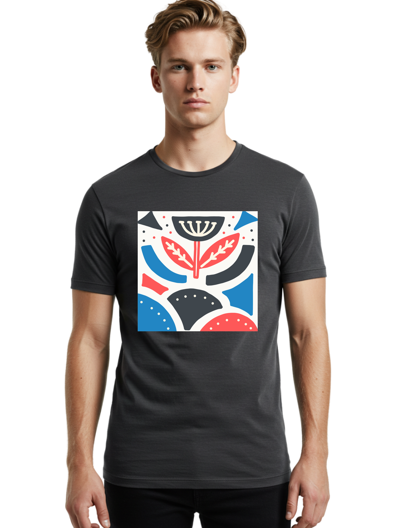 Abstract-Flower-1 Men'S Graphic Tee, 100% Cotton, Comfortable Casual Summer Wear, Machine Washable, Stylized Flower, Abstract Shapes, Red And Blue Hues, Black And White Accents, Modern Art, Graphic Design, Artistic Expression, Aab653
