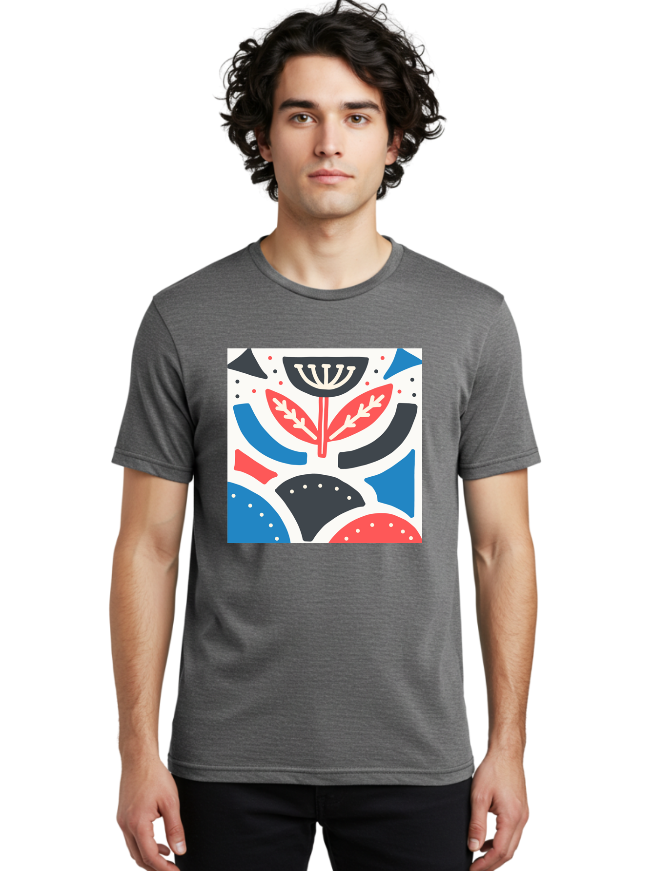 Abstract-Flower-1 Men'S Graphic Tee, 100% Cotton, Comfortable Casual Summer Wear, Machine Washable, Stylized Flower, Abstract Shapes, Red And Blue Hues, Black And White Accents, Modern Art, Graphic Design, Artistic Expression, Aab653