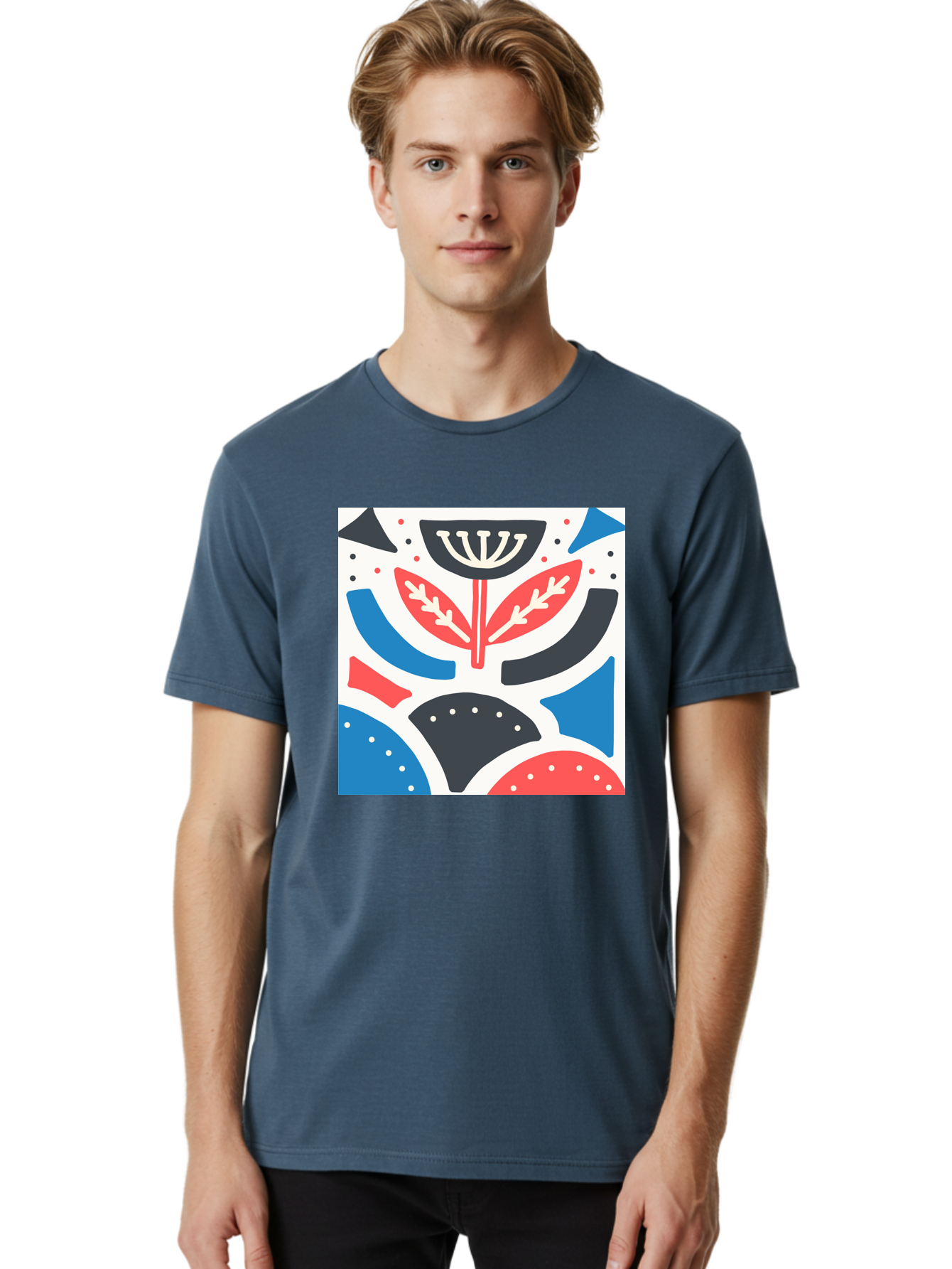 Abstract-Flower-1 Men'S Graphic Tee, 100% Cotton, Comfortable Casual Summer Wear, Machine Washable, Stylized Flower, Abstract Shapes, Red And Blue Hues, Black And White Accents, Modern Art, Graphic Design, Artistic Expression, Aab653