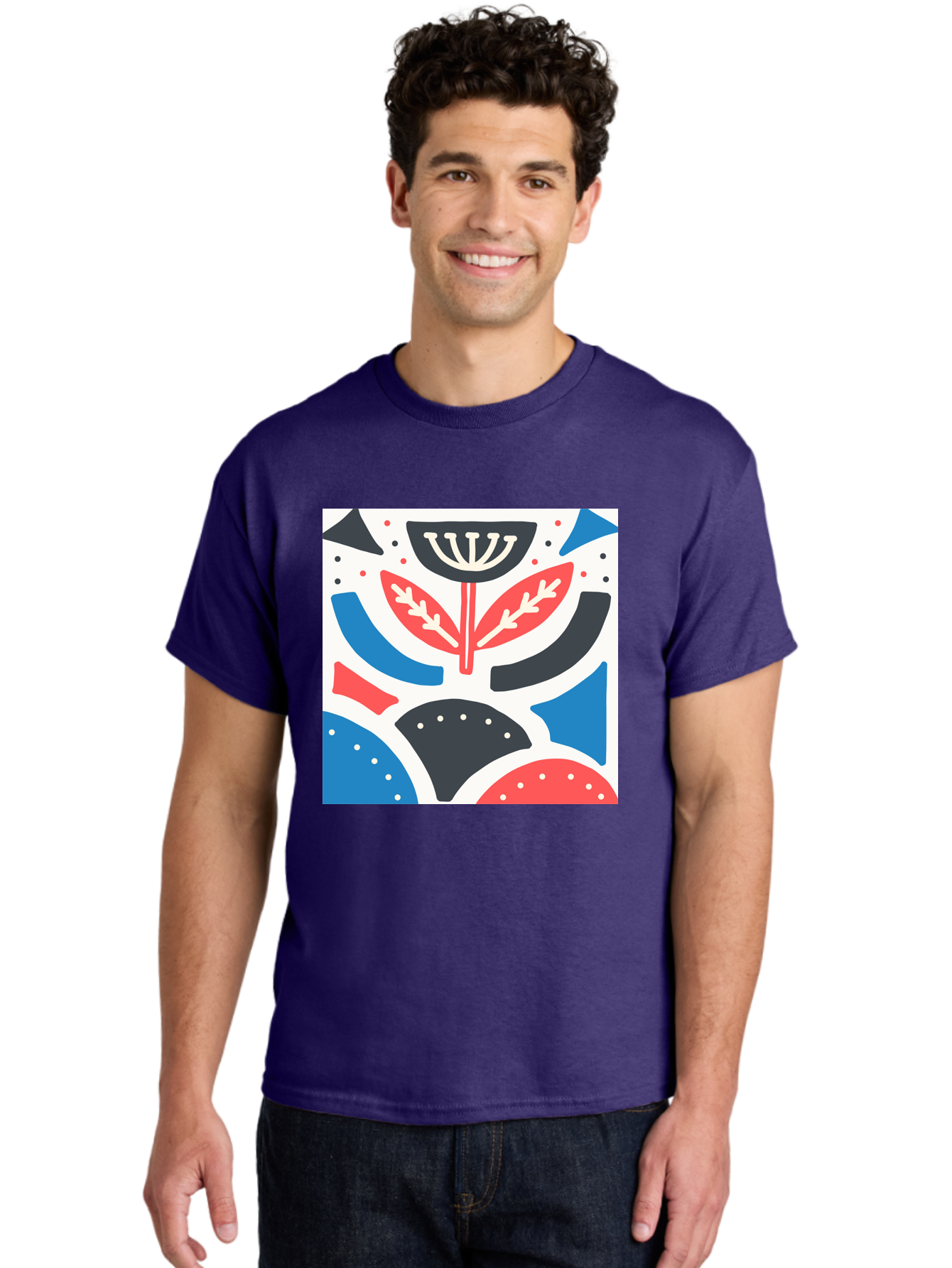 Abstract-Flower-1 Men'S Graphic Tee, 100% Cotton, Comfortable Casual Summer Wear, Machine Washable, Stylized Flower, Abstract Shapes, Red And Blue Hues, Black And White Accents, Modern Art, Graphic Design, Artistic Expression, Aab653