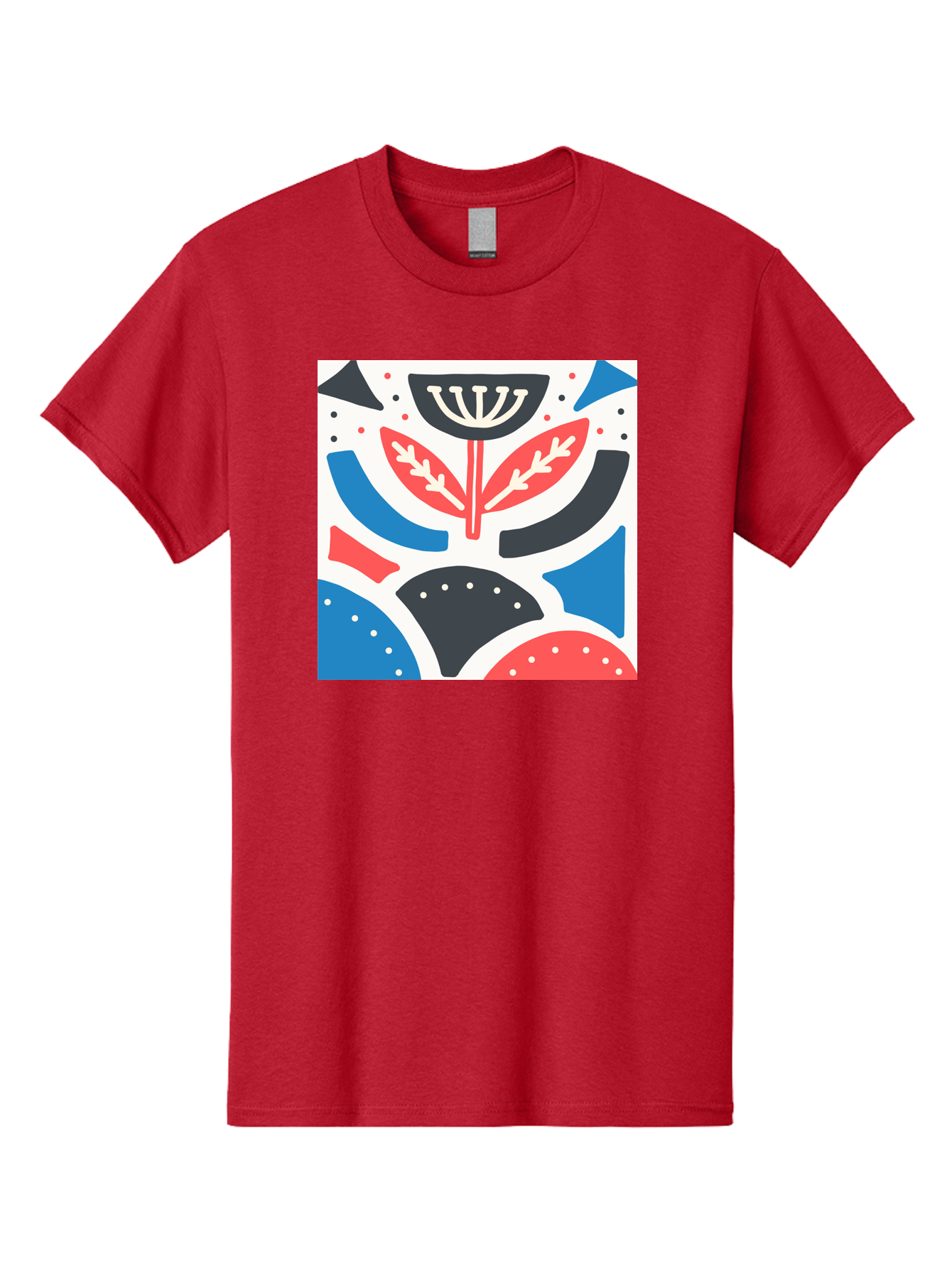 Abstract-Flower-1 Men'S Graphic Tee, 100% Cotton, Comfortable Casual Summer Wear, Machine Washable, Stylized Flower, Abstract Shapes, Red And Blue Hues, Black And White Accents, Modern Art, Graphic Design, Artistic Expression, Aab653