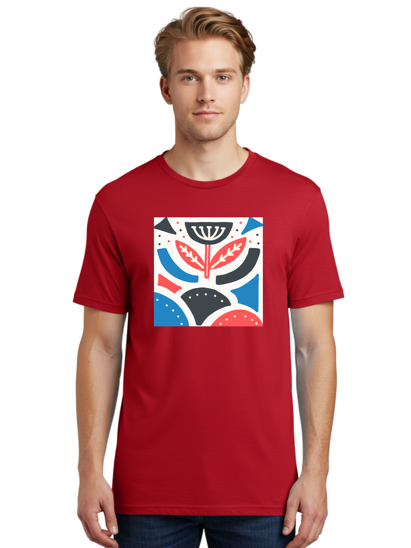 Abstract-Flower-1 Men'S Graphic Tee, 100% Cotton, Comfortable Casual Summer Wear, Machine Washable, Stylized Flower, Abstract Shapes, Red And Blue Hues, Black And White Accents, Modern Art, Graphic Design, Artistic Expression, Aab653