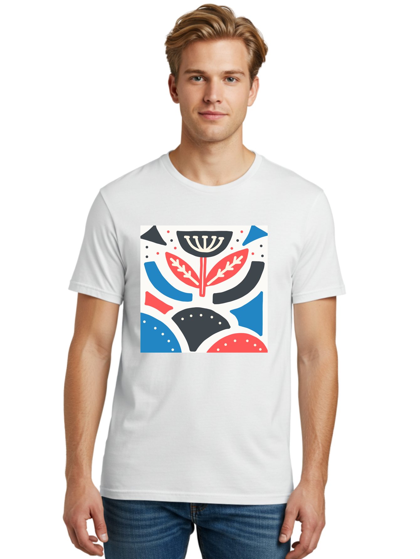 Abstract-Flower-1 Men'S Graphic Tee, 100% Cotton, Comfortable Casual Summer Wear, Machine Washable, Stylized Flower, Abstract Shapes, Red And Blue Hues, Black And White Accents, Modern Art, Graphic Design, Artistic Expression, Aab653
