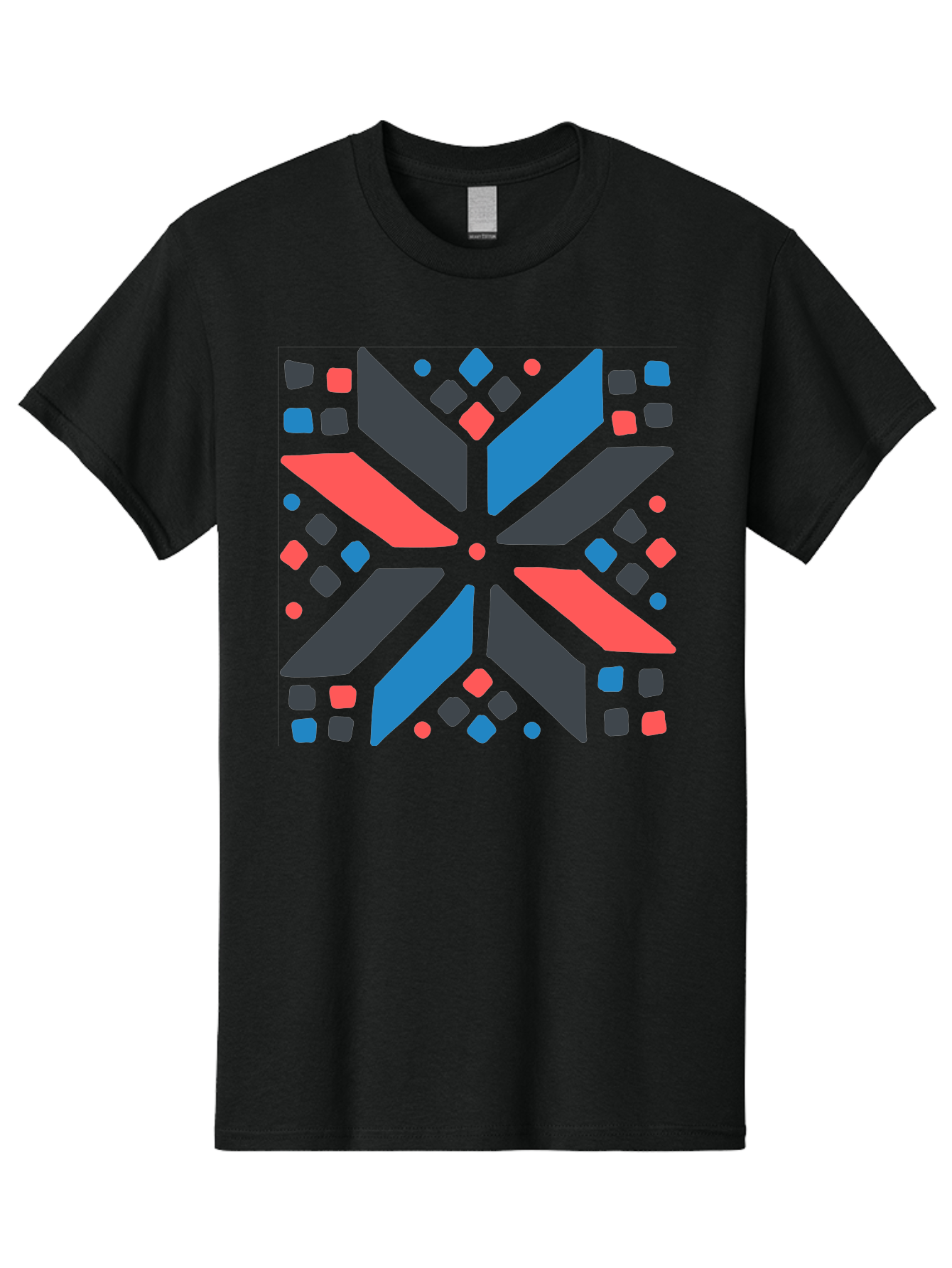 Abstract-Geometric-Pattern Men'S Graphic Tee, 100% Cotton, Comfortable Casual Summer Wear, Machine Washable, Geometric Shapes, Symmetrical Design, Abstract Art, Vibrant Colors, Red, Blue, Black, Bold Graphics, Modern Design, Dynamic Pattern, Aab655
