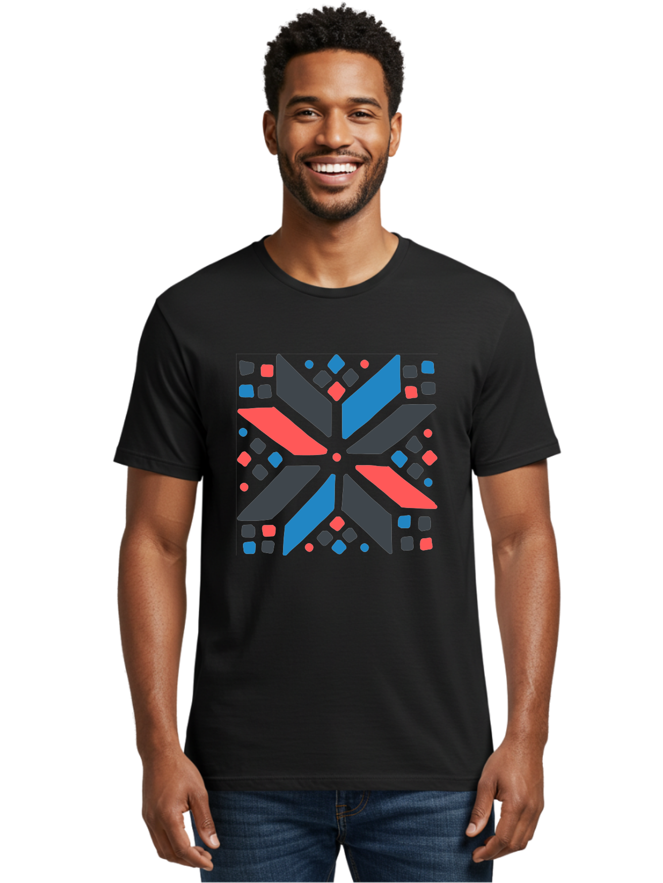 Abstract-Geometric-Pattern Men'S Graphic Tee, 100% Cotton, Comfortable Casual Summer Wear, Machine Washable, Geometric Shapes, Symmetrical Design, Abstract Art, Vibrant Colors, Red, Blue, Black, Bold Graphics, Modern Design, Dynamic Pattern, Aab655