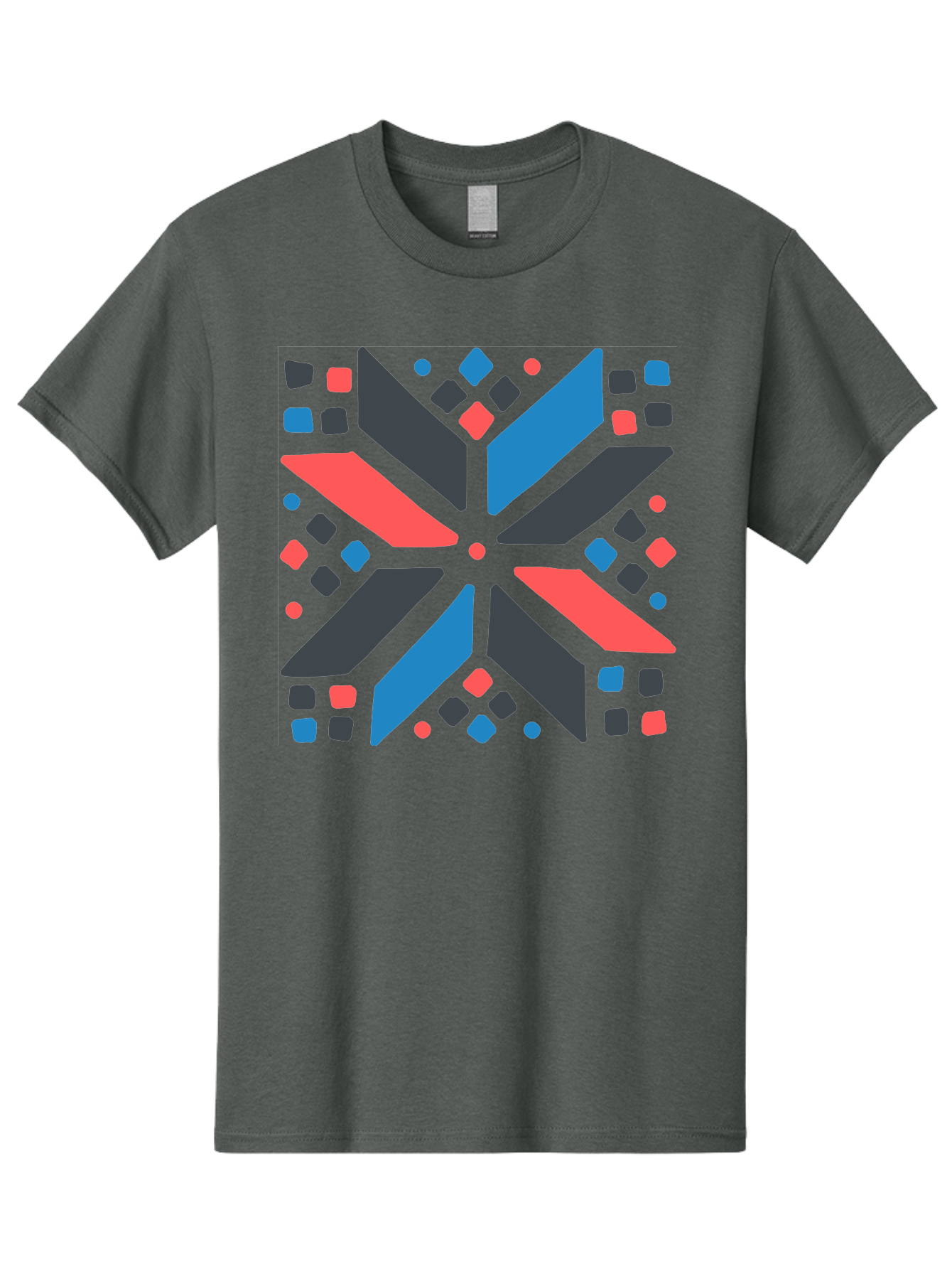 Abstract-Geometric-Pattern Men'S Graphic Tee, 100% Cotton, Comfortable Casual Summer Wear, Machine Washable, Geometric Shapes, Symmetrical Design, Abstract Art, Vibrant Colors, Red, Blue, Black, Bold Graphics, Modern Design, Dynamic Pattern, Aab655