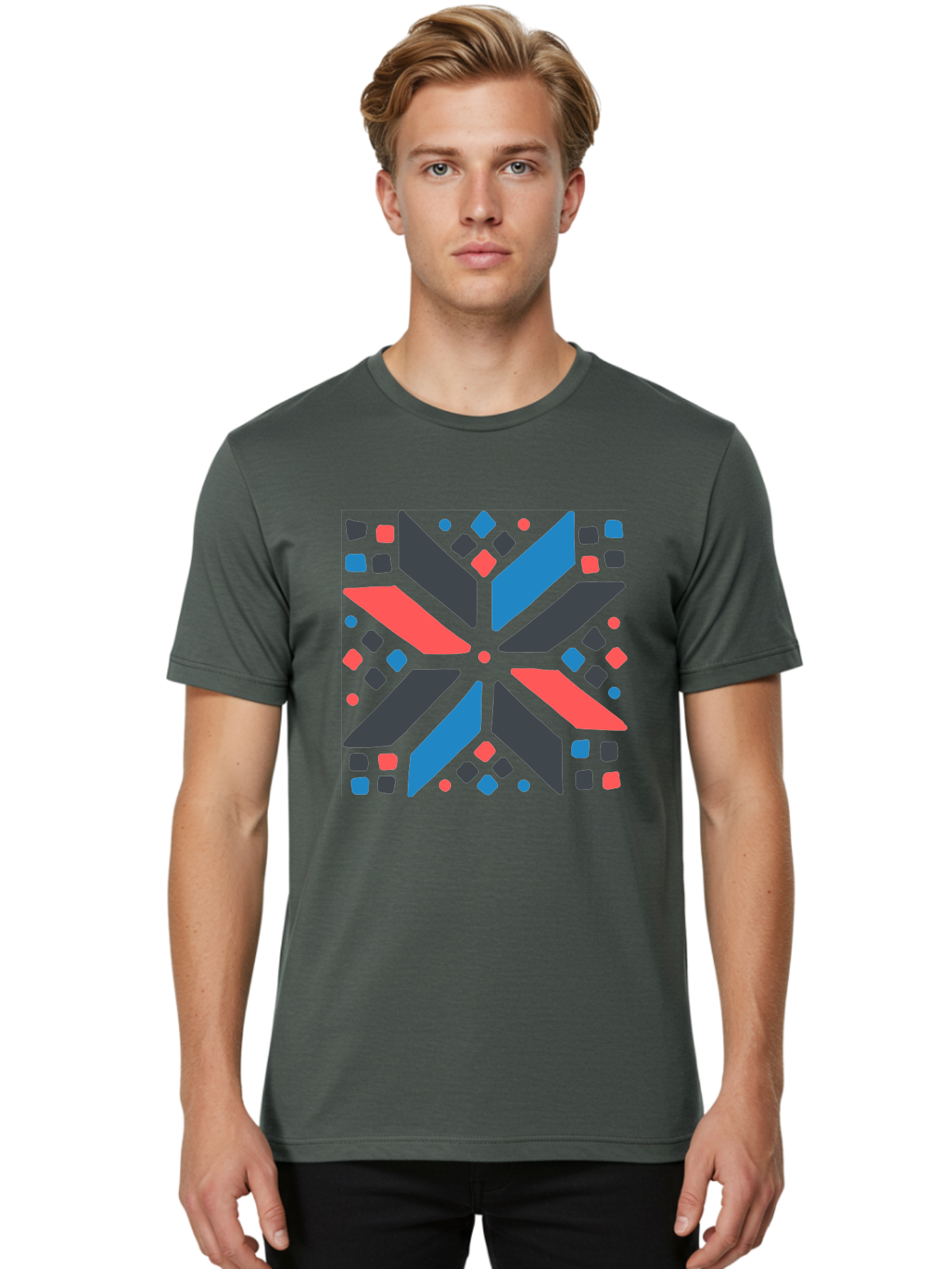 Abstract-Geometric-Pattern Men'S Graphic Tee, 100% Cotton, Comfortable Casual Summer Wear, Machine Washable, Geometric Shapes, Symmetrical Design, Abstract Art, Vibrant Colors, Red, Blue, Black, Bold Graphics, Modern Design, Dynamic Pattern, Aab655