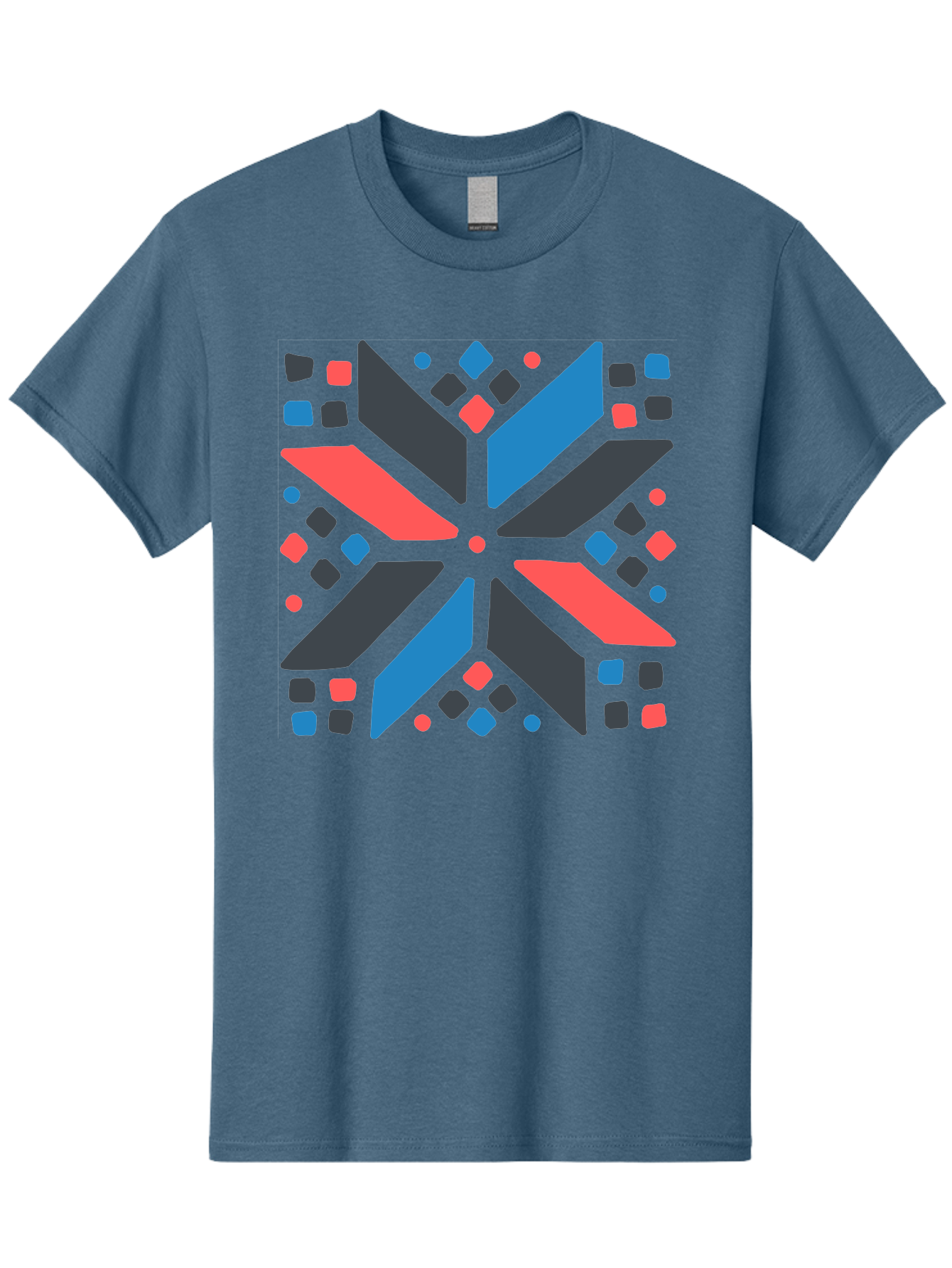Abstract-Geometric-Pattern Men'S Graphic Tee, 100% Cotton, Comfortable Casual Summer Wear, Machine Washable, Geometric Shapes, Symmetrical Design, Abstract Art, Vibrant Colors, Red, Blue, Black, Bold Graphics, Modern Design, Dynamic Pattern, Aab655