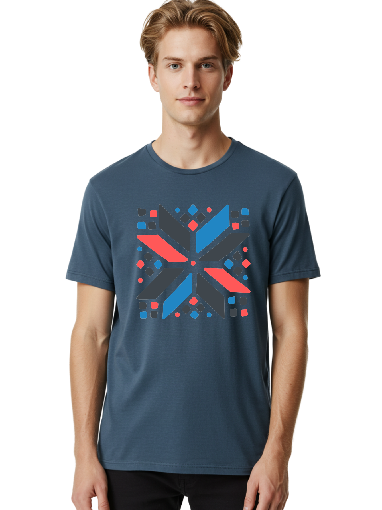 Abstract-Geometric-Pattern Men'S Graphic Tee, 100% Cotton, Comfortable Casual Summer Wear, Machine Washable, Geometric Shapes, Symmetrical Design, Abstract Art, Vibrant Colors, Red, Blue, Black, Bold Graphics, Modern Design, Dynamic Pattern, Aab655