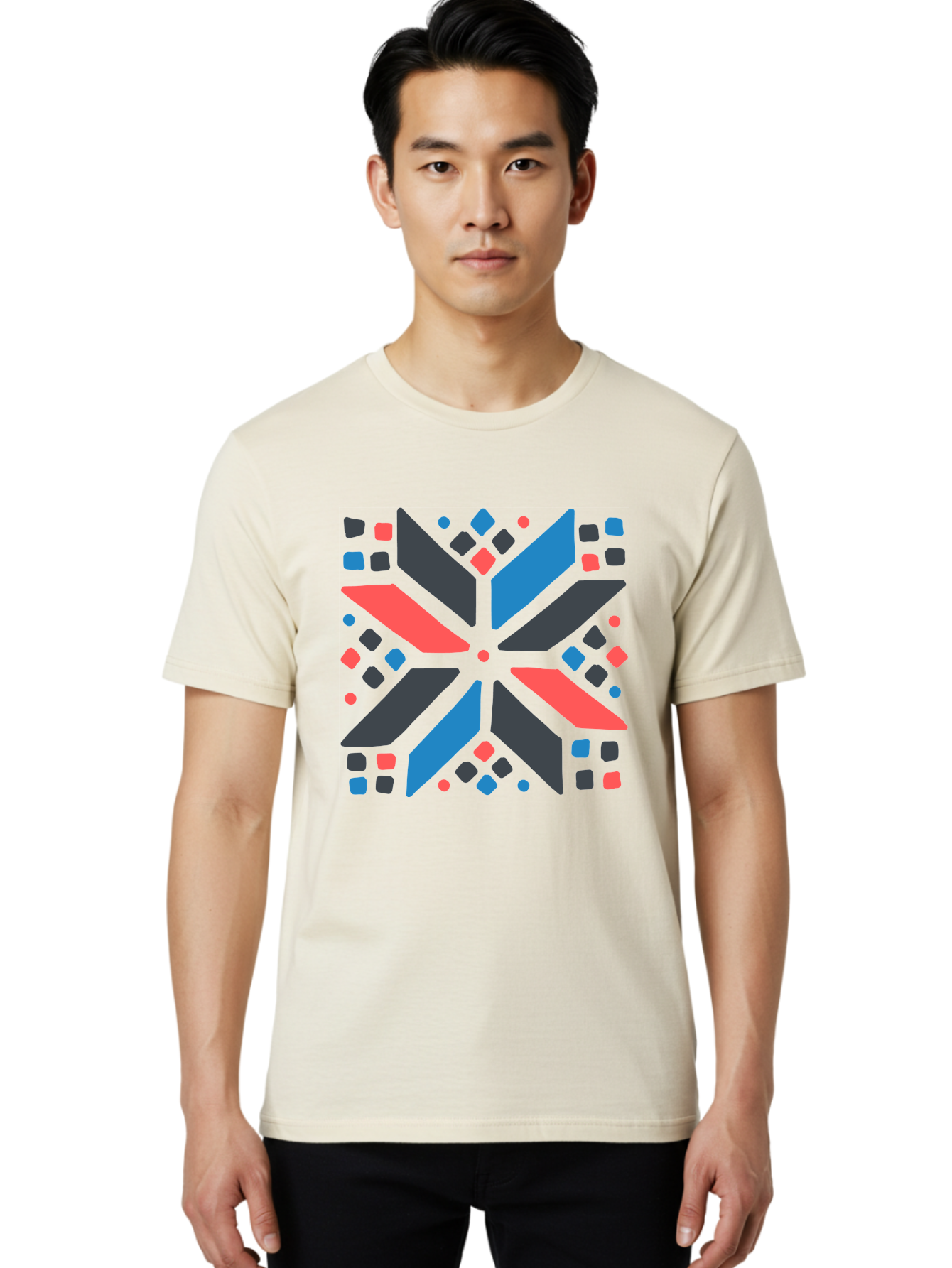 Abstract-Geometric-Pattern Men'S Graphic Tee, 100% Cotton, Comfortable Casual Summer Wear, Machine Washable, Geometric Shapes, Symmetrical Design, Abstract Art, Vibrant Colors, Red, Blue, Black, Bold Graphics, Modern Design, Dynamic Pattern, Aab655