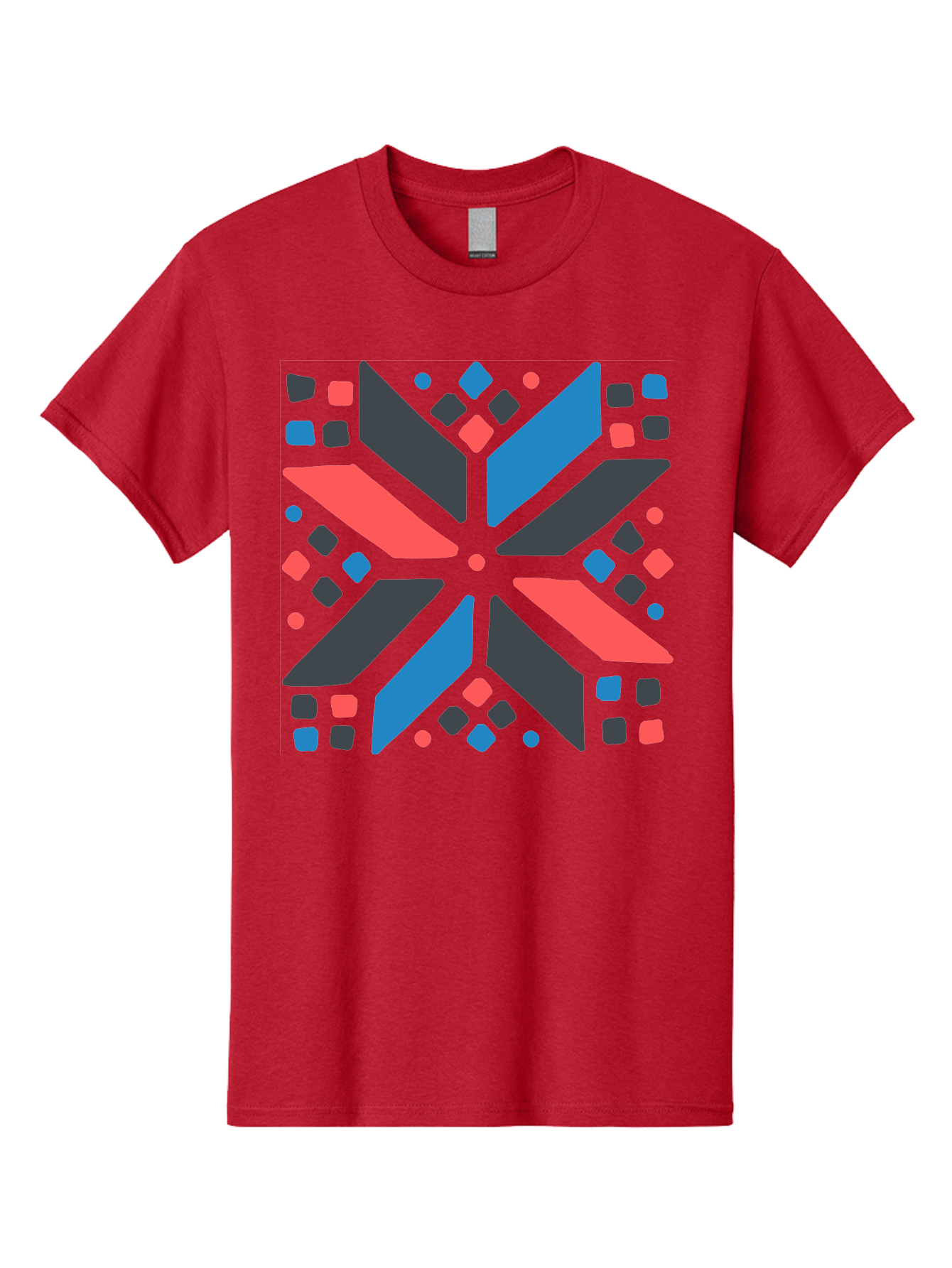 Abstract-Geometric-Pattern Men'S Graphic Tee, 100% Cotton, Comfortable Casual Summer Wear, Machine Washable, Geometric Shapes, Symmetrical Design, Abstract Art, Vibrant Colors, Red, Blue, Black, Bold Graphics, Modern Design, Dynamic Pattern, Aab655
