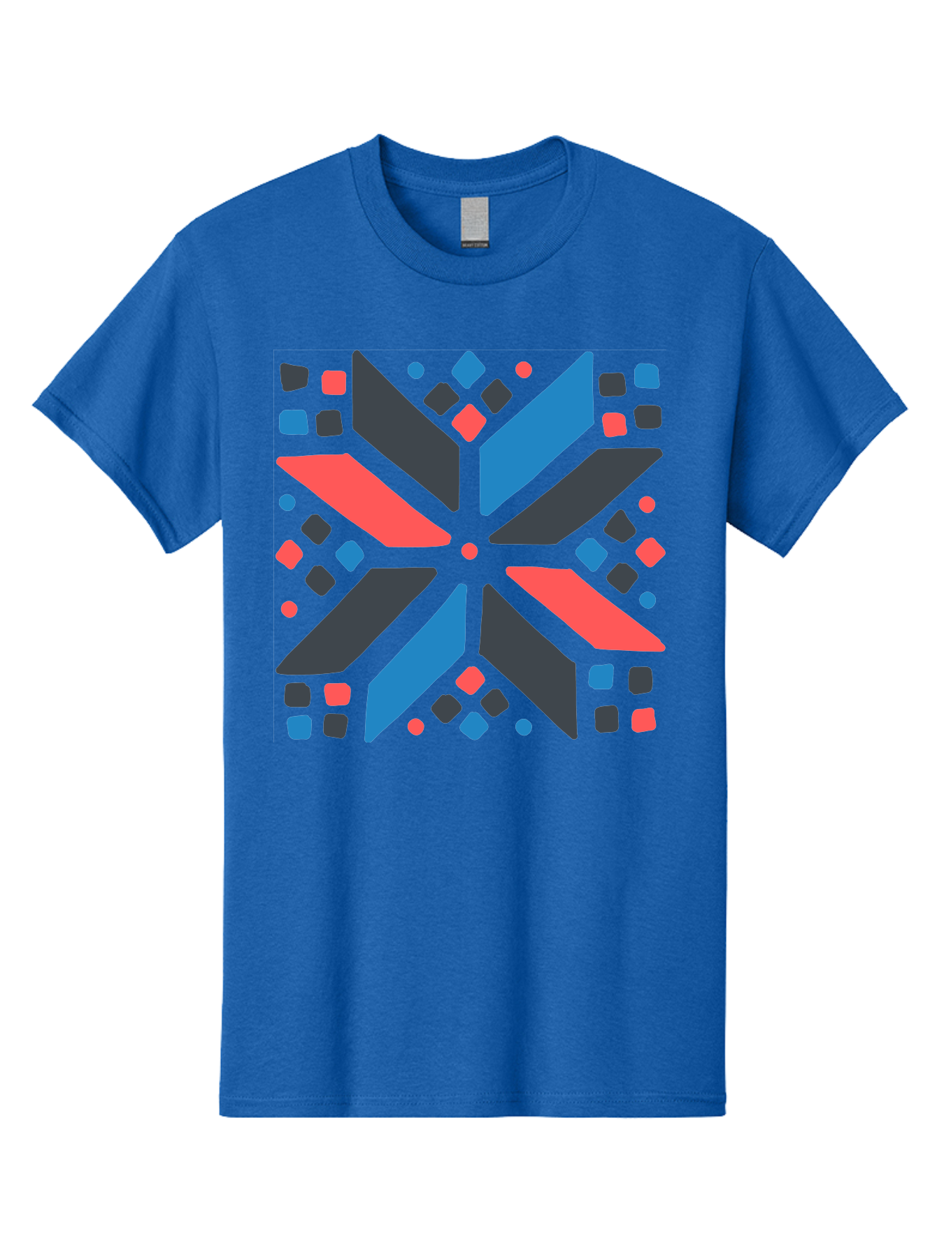 Abstract-Geometric-Pattern Men'S Graphic Tee, 100% Cotton, Comfortable Casual Summer Wear, Machine Washable, Geometric Shapes, Symmetrical Design, Abstract Art, Vibrant Colors, Red, Blue, Black, Bold Graphics, Modern Design, Dynamic Pattern, Aab655