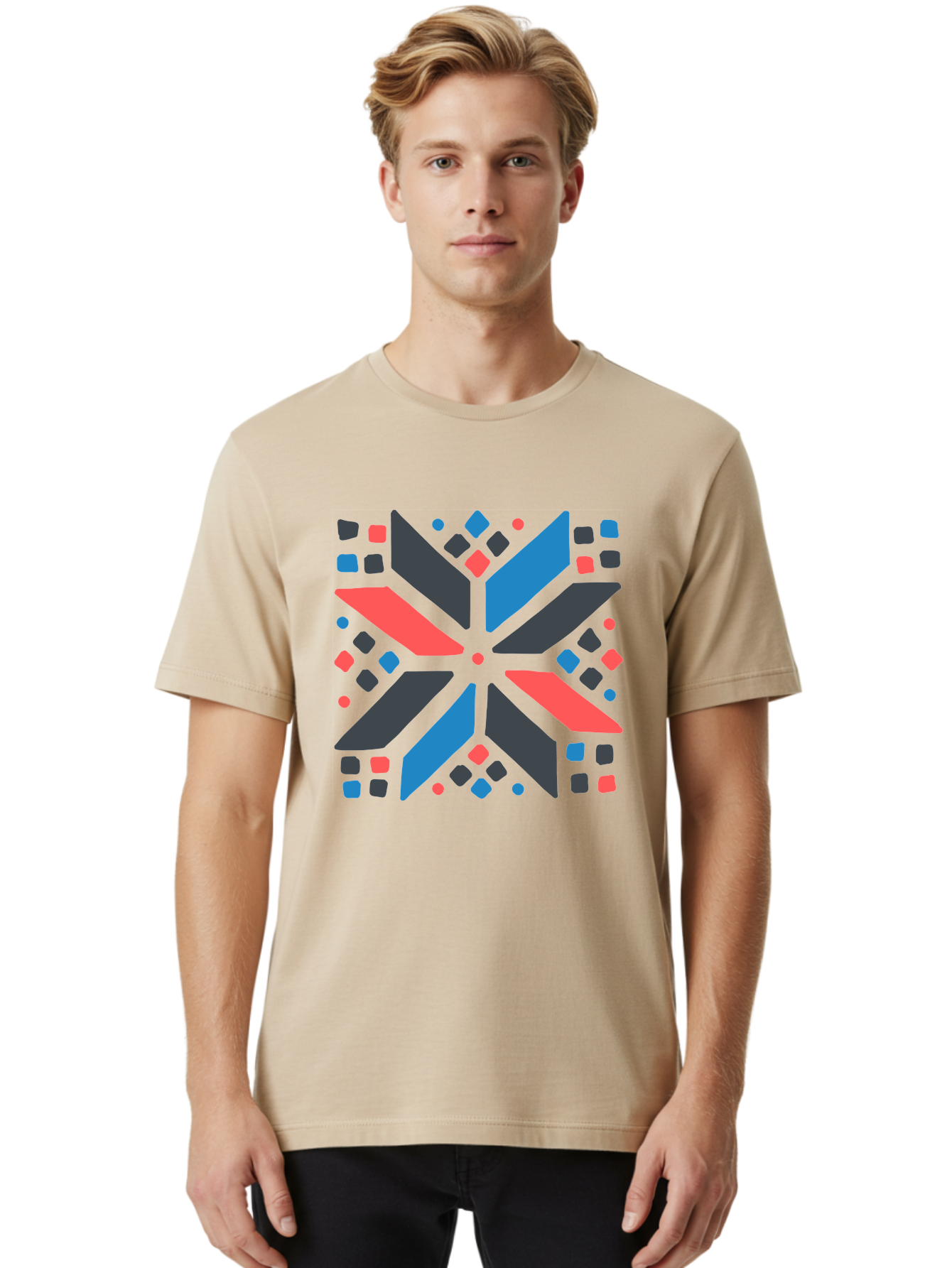Abstract-Geometric-Pattern Men'S Graphic Tee, 100% Cotton, Comfortable Casual Summer Wear, Machine Washable, Geometric Shapes, Symmetrical Design, Abstract Art, Vibrant Colors, Red, Blue, Black, Bold Graphics, Modern Design, Dynamic Pattern, Aab655