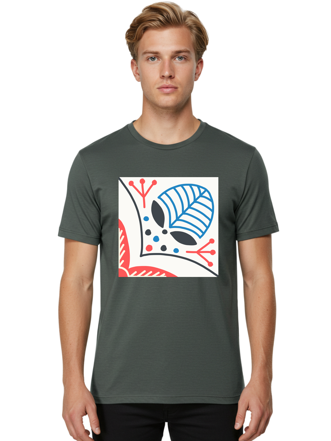 Abstract-Leaf-Design Men'S Graphic Tee, 100% Cotton, Comfortable Casual Summer Wear, Machine Washable, Stylized Leaf, Abstract Design, Modern Art, Floral Pattern, Red And Blue Accents, Black Outlines, White Background, Minimalist Decor, Aab656