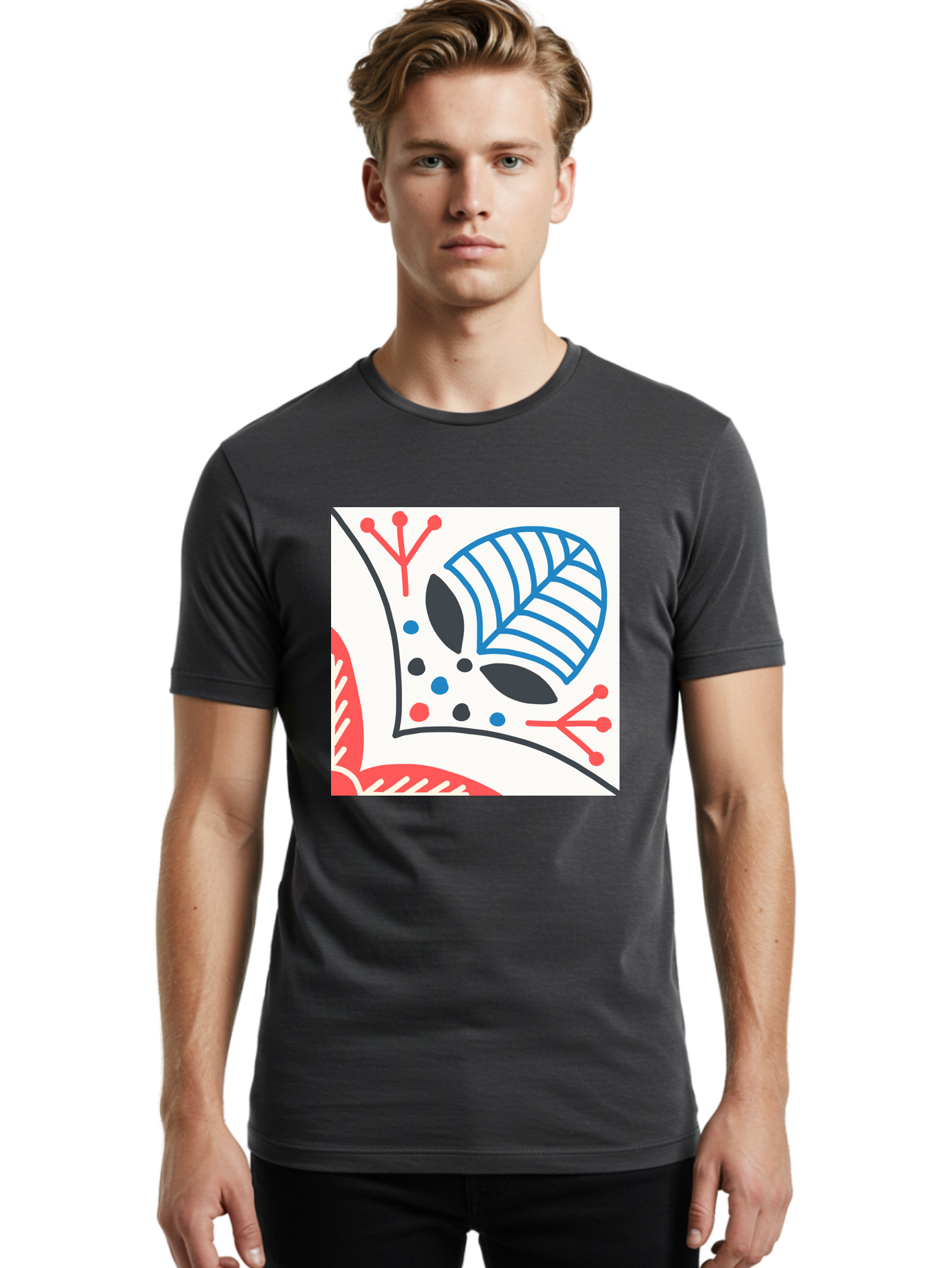 Abstract-Leaf-Design Men'S Graphic Tee, 100% Cotton, Comfortable Casual Summer Wear, Machine Washable, Stylized Leaf, Abstract Design, Modern Art, Floral Pattern, Red And Blue Accents, Black Outlines, White Background, Minimalist Decor, Aab656
