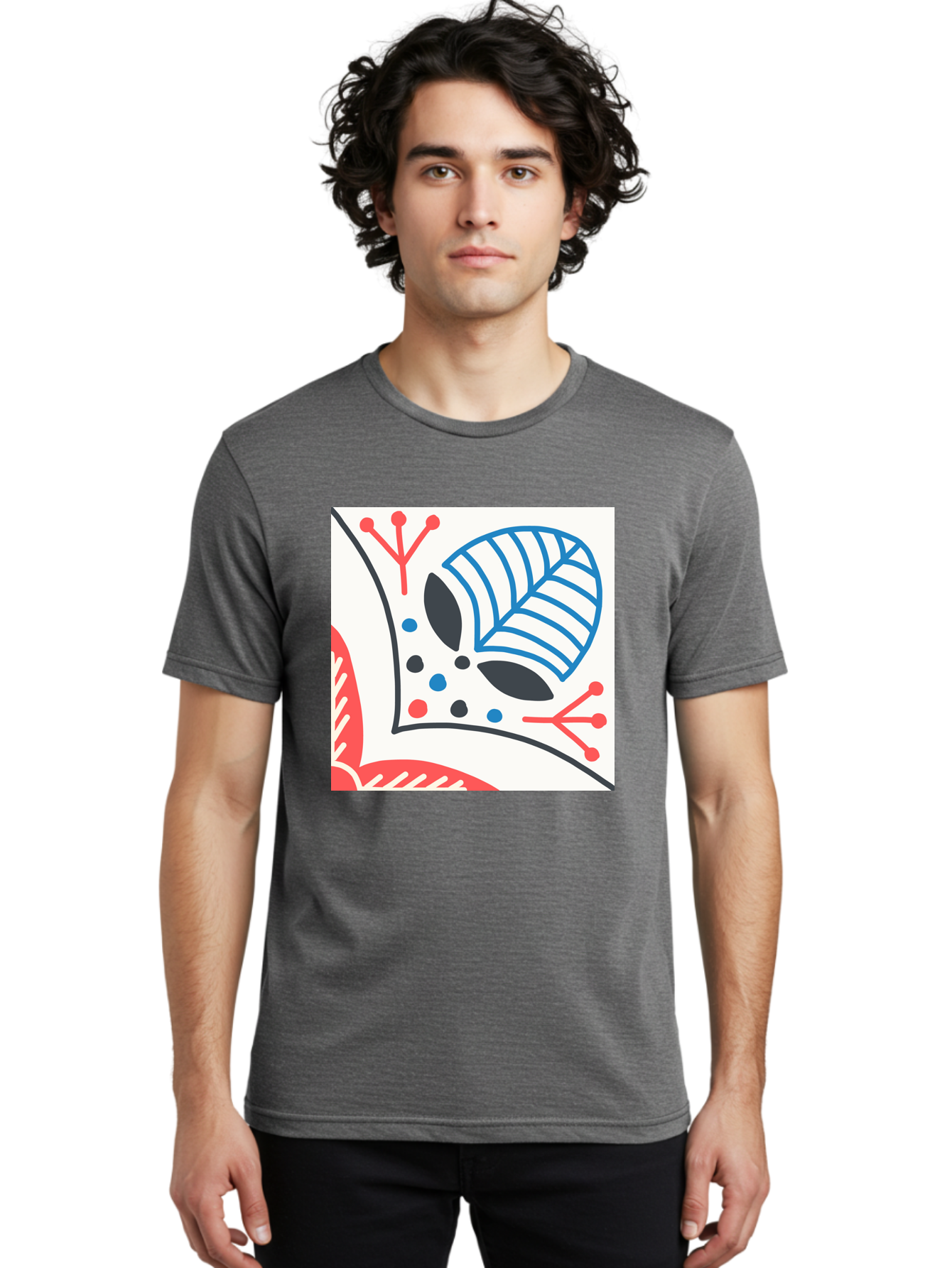 Abstract-Leaf-Design Men'S Graphic Tee, 100% Cotton, Comfortable Casual Summer Wear, Machine Washable, Stylized Leaf, Abstract Design, Modern Art, Floral Pattern, Red And Blue Accents, Black Outlines, White Background, Minimalist Decor, Aab656