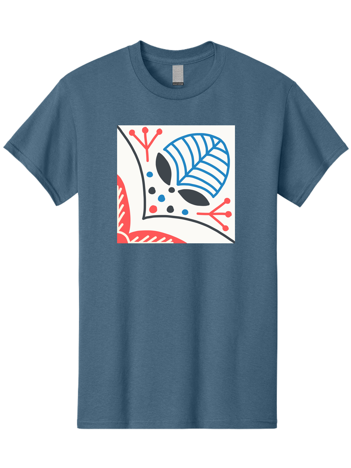 Abstract-Leaf-Design Men'S Graphic Tee, 100% Cotton, Comfortable Casual Summer Wear, Machine Washable, Stylized Leaf, Abstract Design, Modern Art, Floral Pattern, Red And Blue Accents, Black Outlines, White Background, Minimalist Decor, Aab656