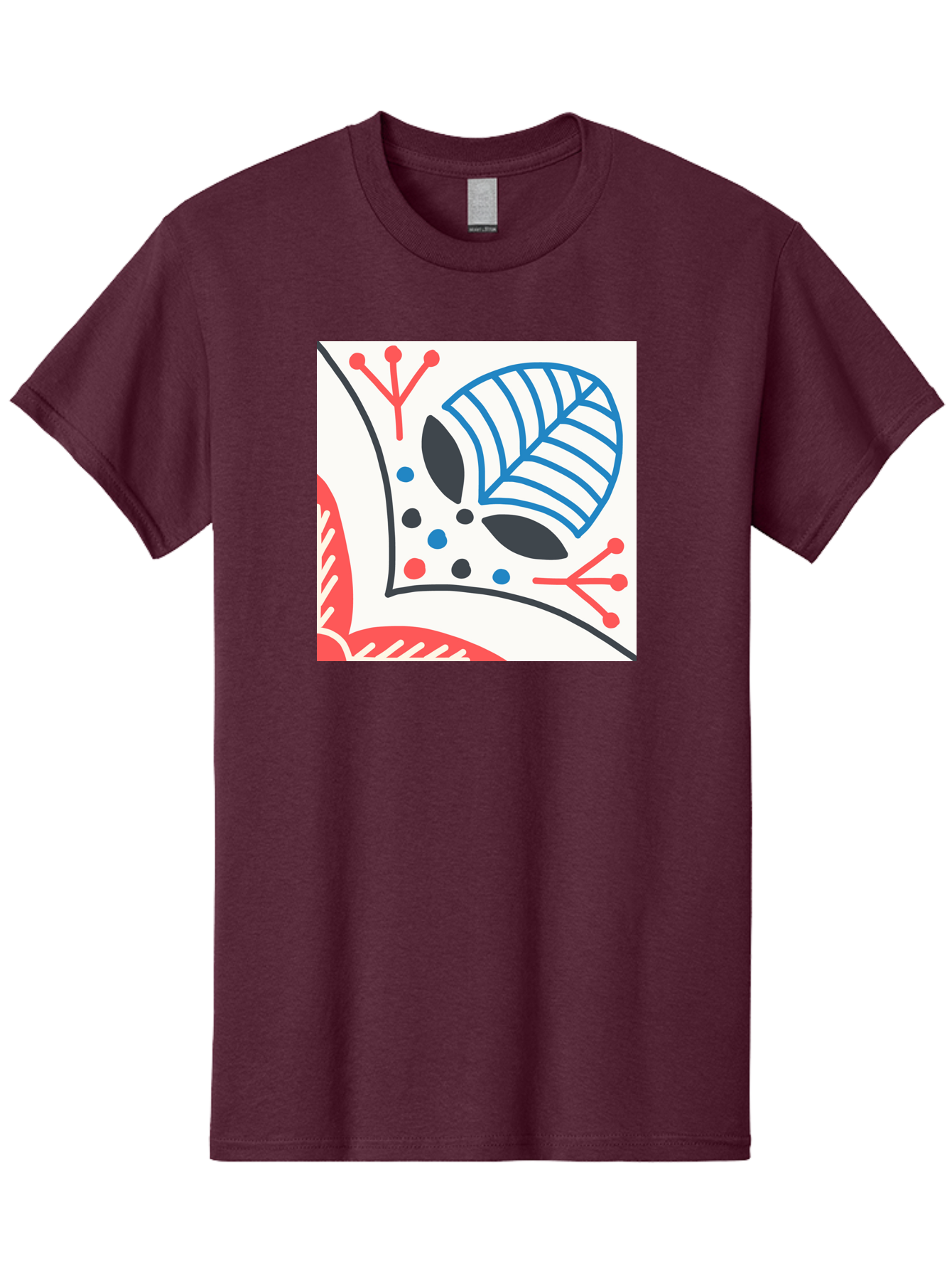 Abstract-Leaf-Design Men'S Graphic Tee, 100% Cotton, Comfortable Casual Summer Wear, Machine Washable, Stylized Leaf, Abstract Design, Modern Art, Floral Pattern, Red And Blue Accents, Black Outlines, White Background, Minimalist Decor, Aab656