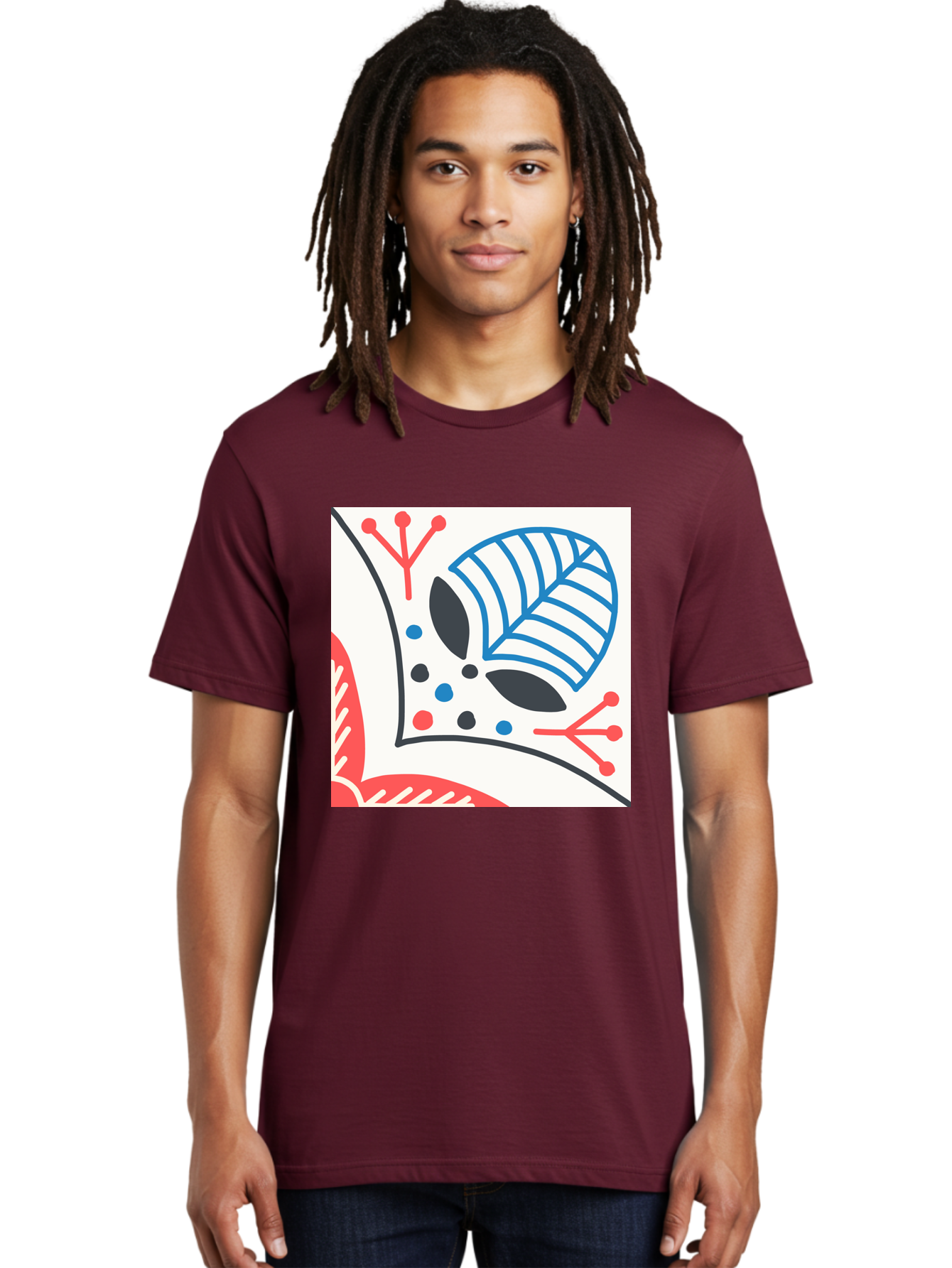 Abstract-Leaf-Design Men'S Graphic Tee, 100% Cotton, Comfortable Casual Summer Wear, Machine Washable, Stylized Leaf, Abstract Design, Modern Art, Floral Pattern, Red And Blue Accents, Black Outlines, White Background, Minimalist Decor, Aab656
