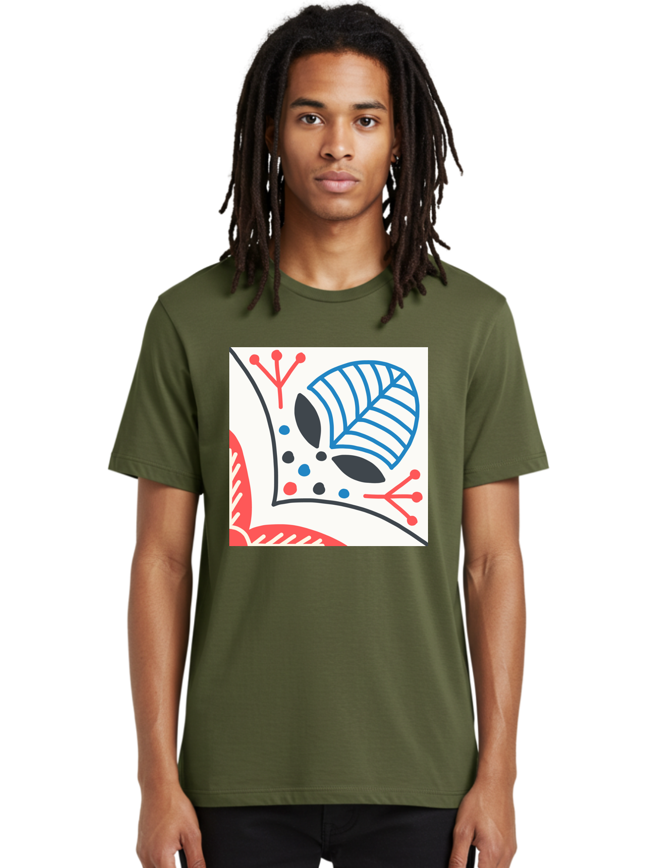 Abstract-Leaf-Design Men'S Graphic Tee, 100% Cotton, Comfortable Casual Summer Wear, Machine Washable, Stylized Leaf, Abstract Design, Modern Art, Floral Pattern, Red And Blue Accents, Black Outlines, White Background, Minimalist Decor, Aab656