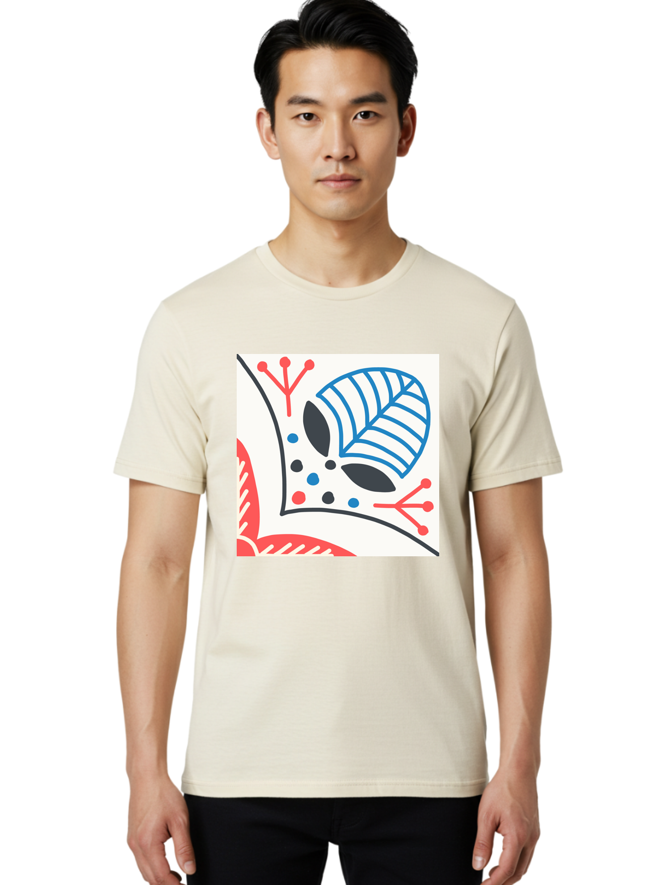 Abstract-Leaf-Design Men'S Graphic Tee, 100% Cotton, Comfortable Casual Summer Wear, Machine Washable, Stylized Leaf, Abstract Design, Modern Art, Floral Pattern, Red And Blue Accents, Black Outlines, White Background, Minimalist Decor, Aab656