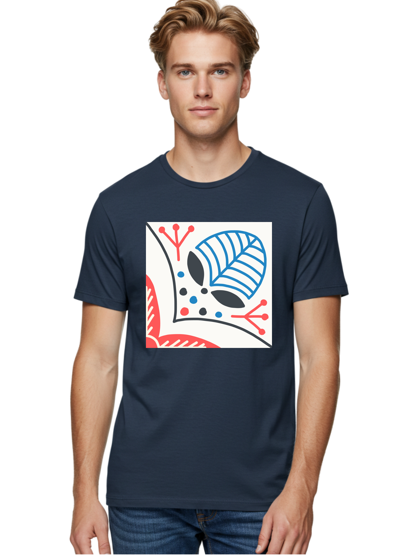 Abstract-Leaf-Design Men'S Graphic Tee, 100% Cotton, Comfortable Casual Summer Wear, Machine Washable, Stylized Leaf, Abstract Design, Modern Art, Floral Pattern, Red And Blue Accents, Black Outlines, White Background, Minimalist Decor, Aab656