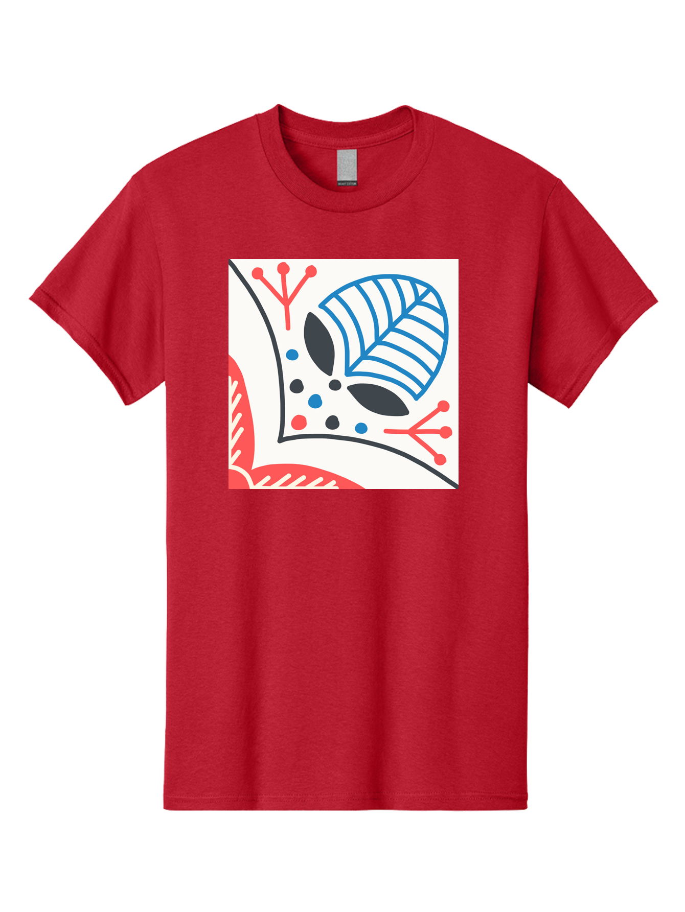 Abstract-Leaf-Design Men'S Graphic Tee, 100% Cotton, Comfortable Casual Summer Wear, Machine Washable, Stylized Leaf, Abstract Design, Modern Art, Floral Pattern, Red And Blue Accents, Black Outlines, White Background, Minimalist Decor, Aab656
