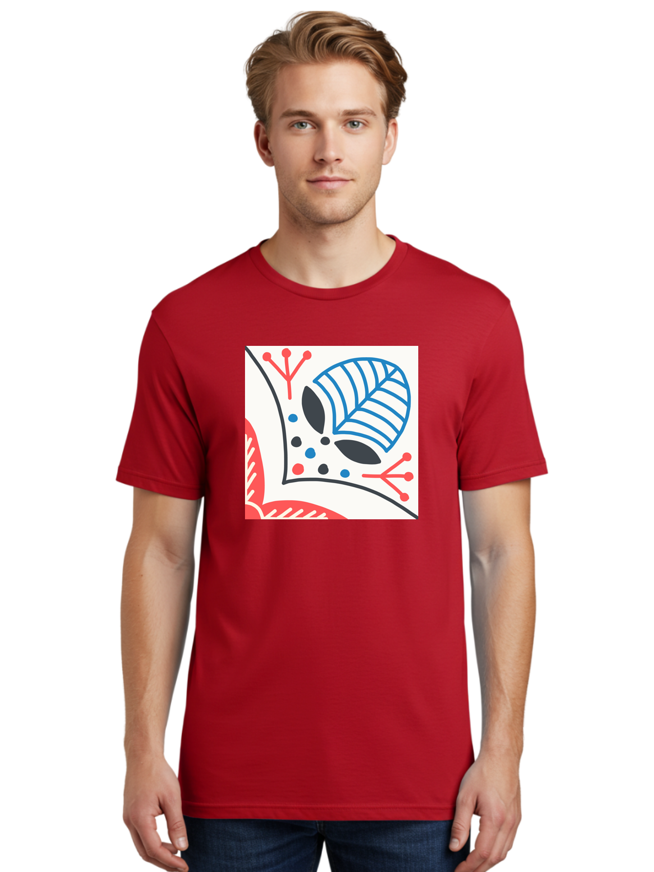 Abstract-Leaf-Design Men'S Graphic Tee, 100% Cotton, Comfortable Casual Summer Wear, Machine Washable, Stylized Leaf, Abstract Design, Modern Art, Floral Pattern, Red And Blue Accents, Black Outlines, White Background, Minimalist Decor, Aab656