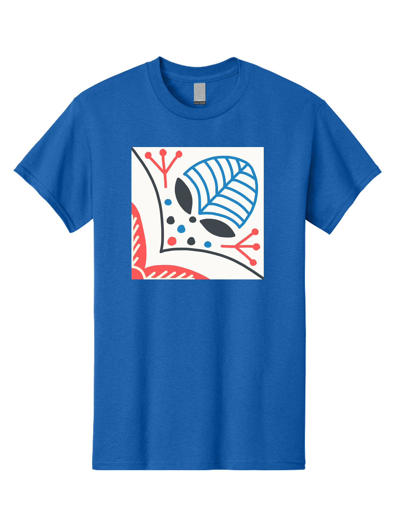 Abstract-Leaf-Design Men'S Graphic Tee, 100% Cotton, Comfortable Casual Summer Wear, Machine Washable, Stylized Leaf, Abstract Design, Modern Art, Floral Pattern, Red And Blue Accents, Black Outlines, White Background, Minimalist Decor, Aab656