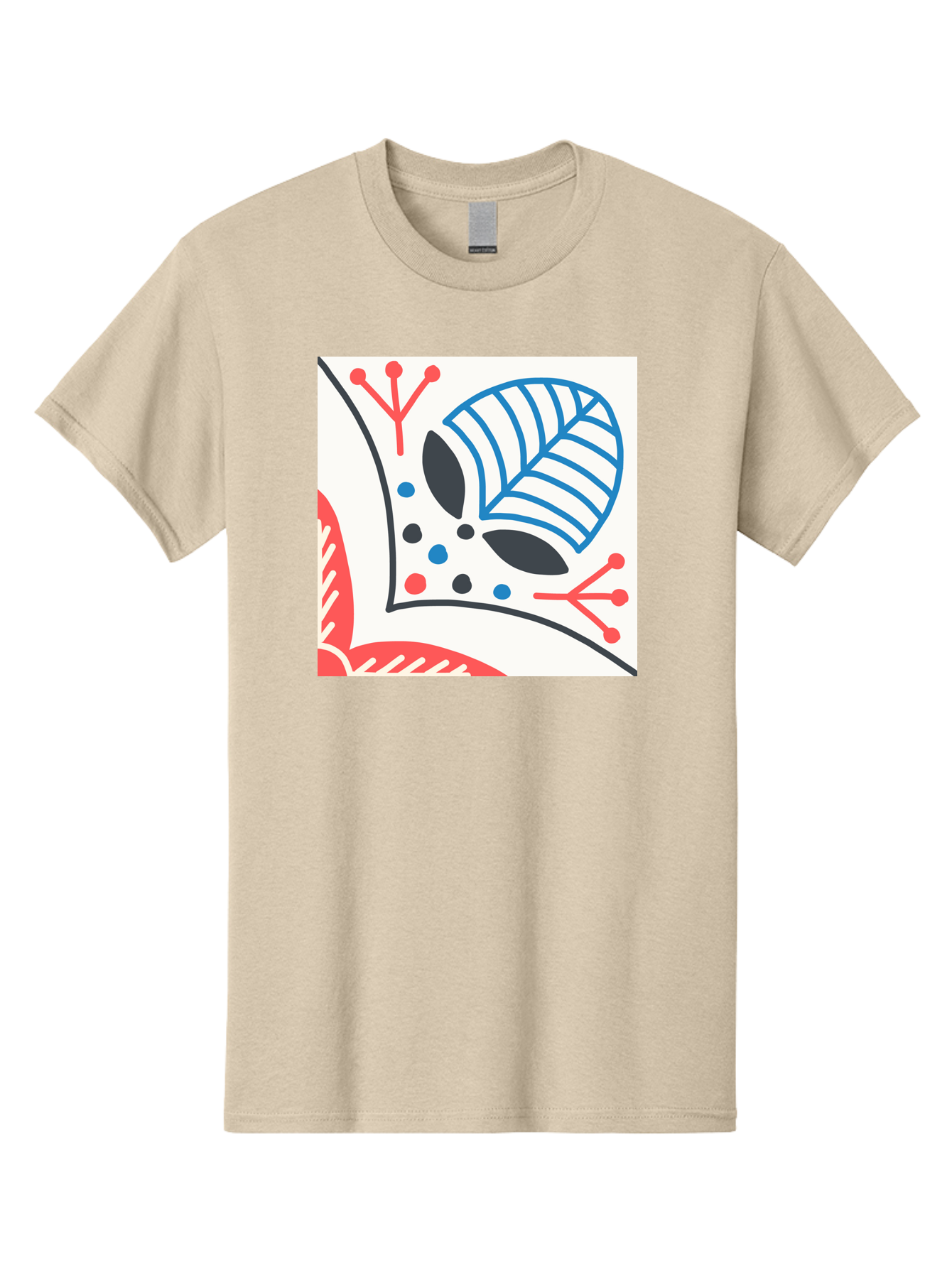 Abstract-Leaf-Design Men'S Graphic Tee, 100% Cotton, Comfortable Casual Summer Wear, Machine Washable, Stylized Leaf, Abstract Design, Modern Art, Floral Pattern, Red And Blue Accents, Black Outlines, White Background, Minimalist Decor, Aab656