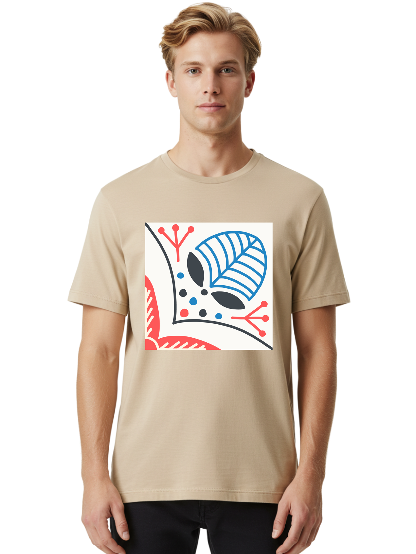 Abstract-Leaf-Design Men'S Graphic Tee, 100% Cotton, Comfortable Casual Summer Wear, Machine Washable, Stylized Leaf, Abstract Design, Modern Art, Floral Pattern, Red And Blue Accents, Black Outlines, White Background, Minimalist Decor, Aab656
