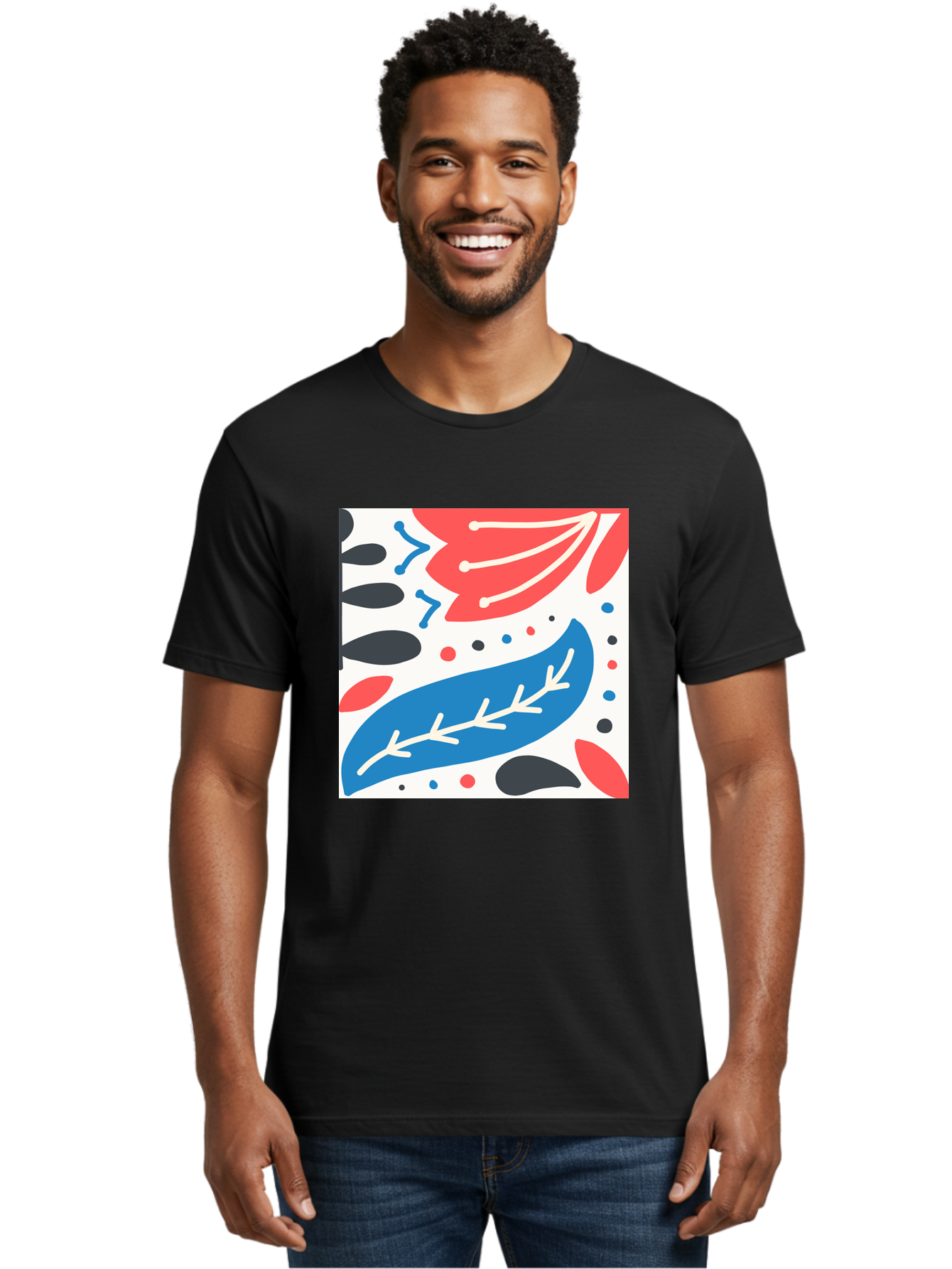 Abstract-Leaves-1 Men'S Graphic Tee, 100% Cotton, Comfortable Casual Summer Wear, Machine Washable, Abstract Leaf Pattern, Modern Design, Colorful Shapes, Red And Blue Leaves, Black Ovals, Scattered Dots, Artistic Expression, Creative Design, Aab657