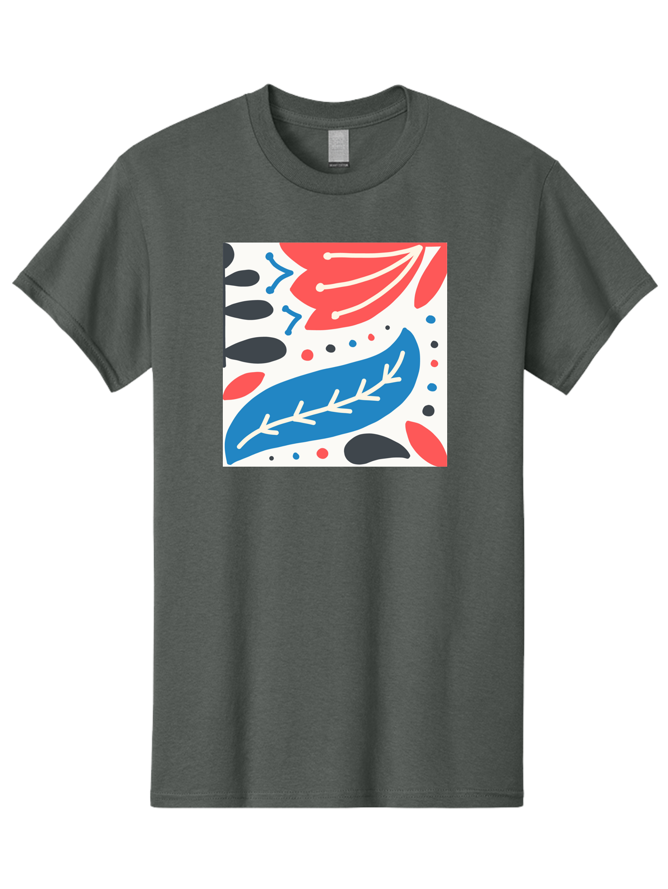 Abstract-Leaves-1 Men'S Graphic Tee, 100% Cotton, Comfortable Casual Summer Wear, Machine Washable, Abstract Leaf Pattern, Modern Design, Colorful Shapes, Red And Blue Leaves, Black Ovals, Scattered Dots, Artistic Expression, Creative Design, Aab657