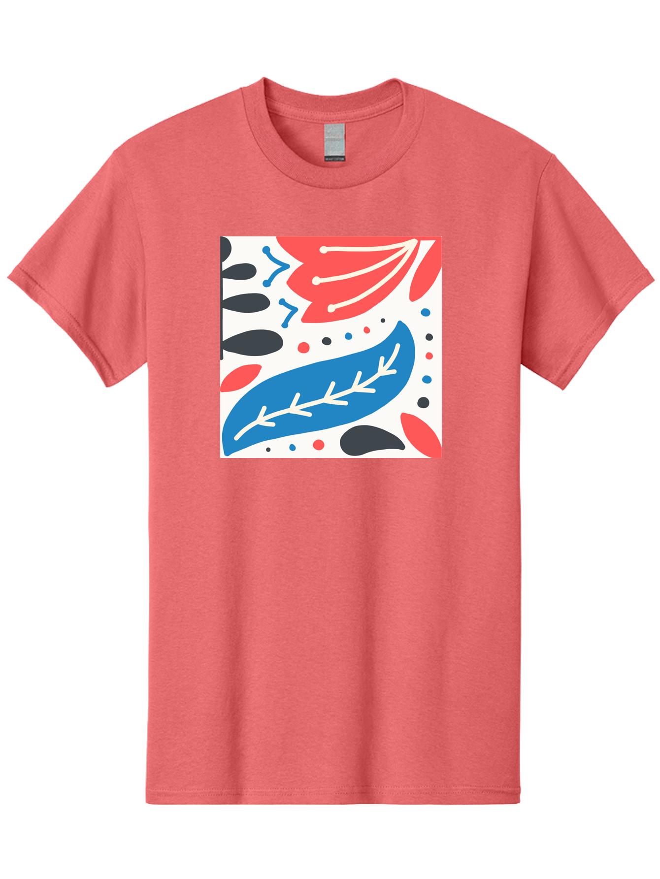 Abstract-Leaves-1 Men'S Graphic Tee, 100% Cotton, Comfortable Casual Summer Wear, Machine Washable, Abstract Leaf Pattern, Modern Design, Colorful Shapes, Red And Blue Leaves, Black Ovals, Scattered Dots, Artistic Expression, Creative Design, Aab657