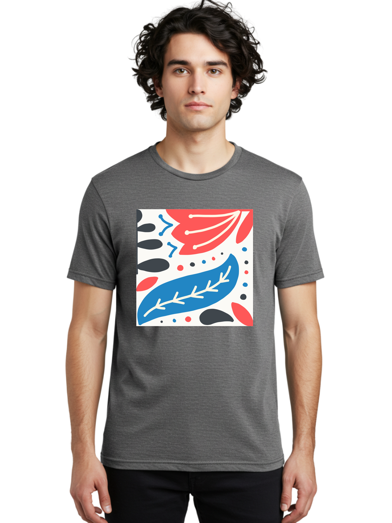 Abstract-Leaves-1 Men'S Graphic Tee, 100% Cotton, Comfortable Casual Summer Wear, Machine Washable, Abstract Leaf Pattern, Modern Design, Colorful Shapes, Red And Blue Leaves, Black Ovals, Scattered Dots, Artistic Expression, Creative Design, Aab657