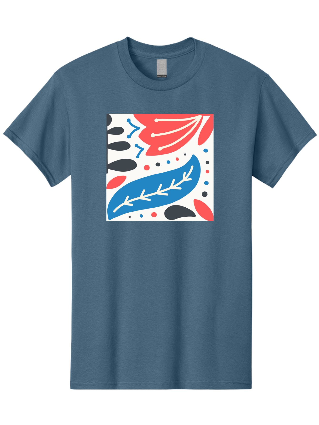 Abstract-Leaves-1 Men'S Graphic Tee, 100% Cotton, Comfortable Casual Summer Wear, Machine Washable, Abstract Leaf Pattern, Modern Design, Colorful Shapes, Red And Blue Leaves, Black Ovals, Scattered Dots, Artistic Expression, Creative Design, Aab657