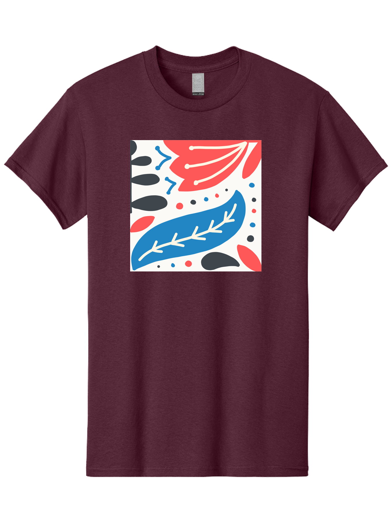 Abstract-Leaves-1 Men'S Graphic Tee, 100% Cotton, Comfortable Casual Summer Wear, Machine Washable, Abstract Leaf Pattern, Modern Design, Colorful Shapes, Red And Blue Leaves, Black Ovals, Scattered Dots, Artistic Expression, Creative Design, Aab657