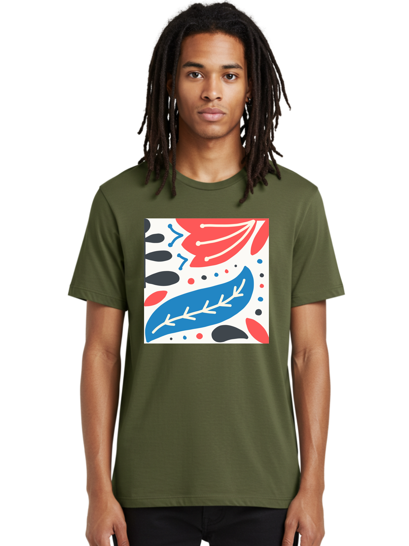 Abstract-Leaves-1 Men'S Graphic Tee, 100% Cotton, Comfortable Casual Summer Wear, Machine Washable, Abstract Leaf Pattern, Modern Design, Colorful Shapes, Red And Blue Leaves, Black Ovals, Scattered Dots, Artistic Expression, Creative Design, Aab657
