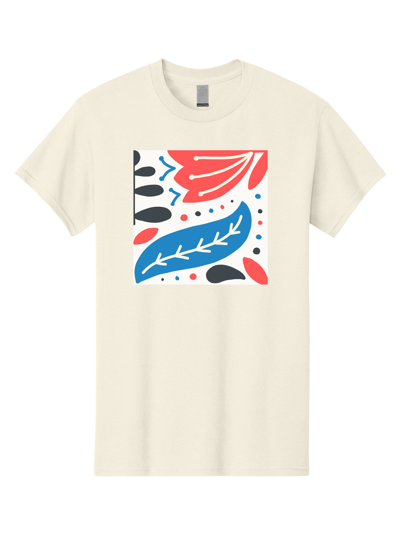 Abstract-Leaves-1 Men'S Graphic Tee, 100% Cotton, Comfortable Casual Summer Wear, Machine Washable, Abstract Leaf Pattern, Modern Design, Colorful Shapes, Red And Blue Leaves, Black Ovals, Scattered Dots, Artistic Expression, Creative Design, Aab657