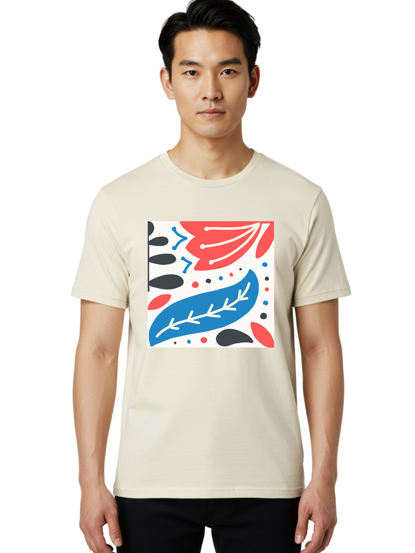 Abstract-Leaves-1 Men'S Graphic Tee, 100% Cotton, Comfortable Casual Summer Wear, Machine Washable, Abstract Leaf Pattern, Modern Design, Colorful Shapes, Red And Blue Leaves, Black Ovals, Scattered Dots, Artistic Expression, Creative Design, Aab657