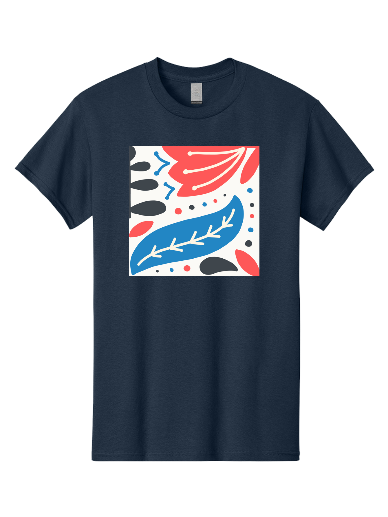 Abstract-Leaves-1 Men'S Graphic Tee, 100% Cotton, Comfortable Casual Summer Wear, Machine Washable, Abstract Leaf Pattern, Modern Design, Colorful Shapes, Red And Blue Leaves, Black Ovals, Scattered Dots, Artistic Expression, Creative Design, Aab657