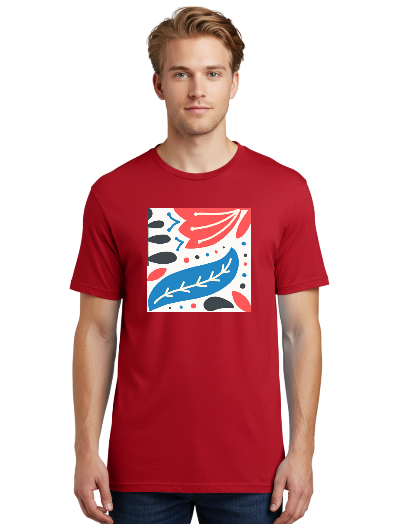 Abstract-Leaves-1 Men'S Graphic Tee, 100% Cotton, Comfortable Casual Summer Wear, Machine Washable, Abstract Leaf Pattern, Modern Design, Colorful Shapes, Red And Blue Leaves, Black Ovals, Scattered Dots, Artistic Expression, Creative Design, Aab657
